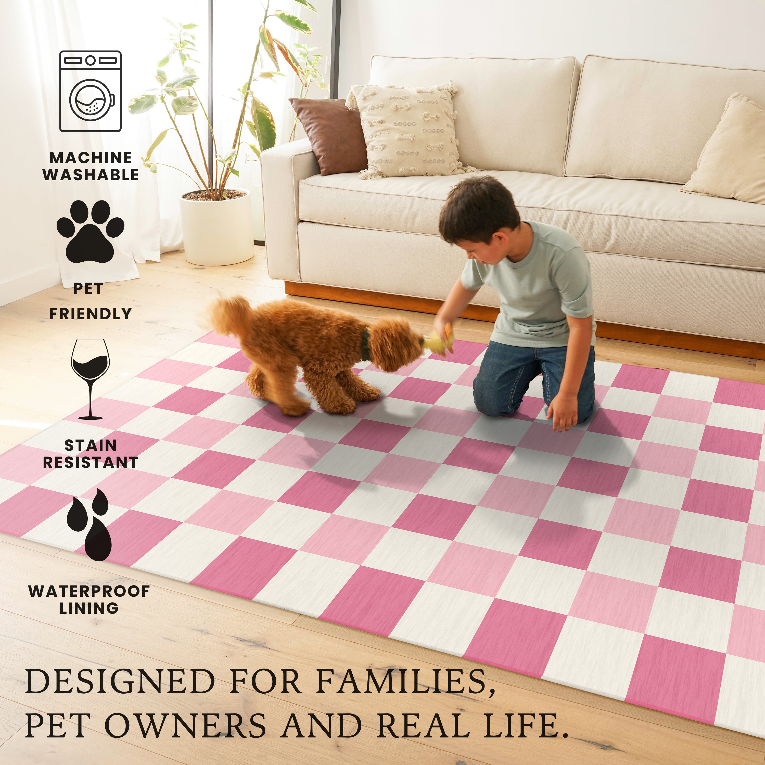 Checkered Pink Machine Washable Rug
