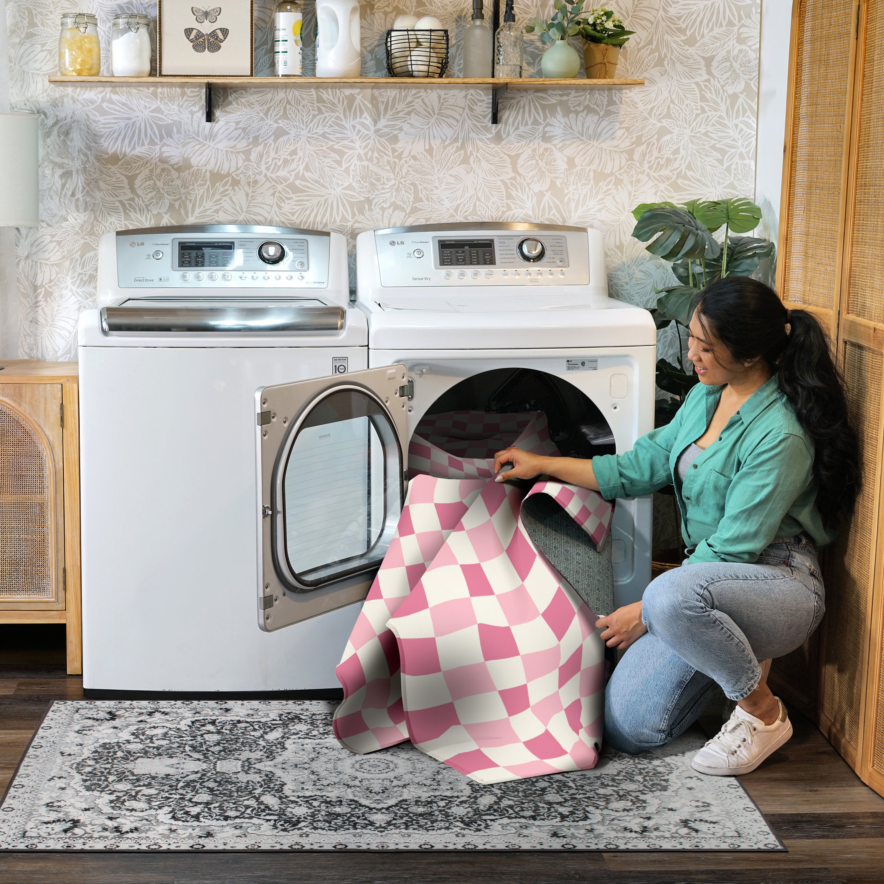 Checkered Pink Machine Washable Rug