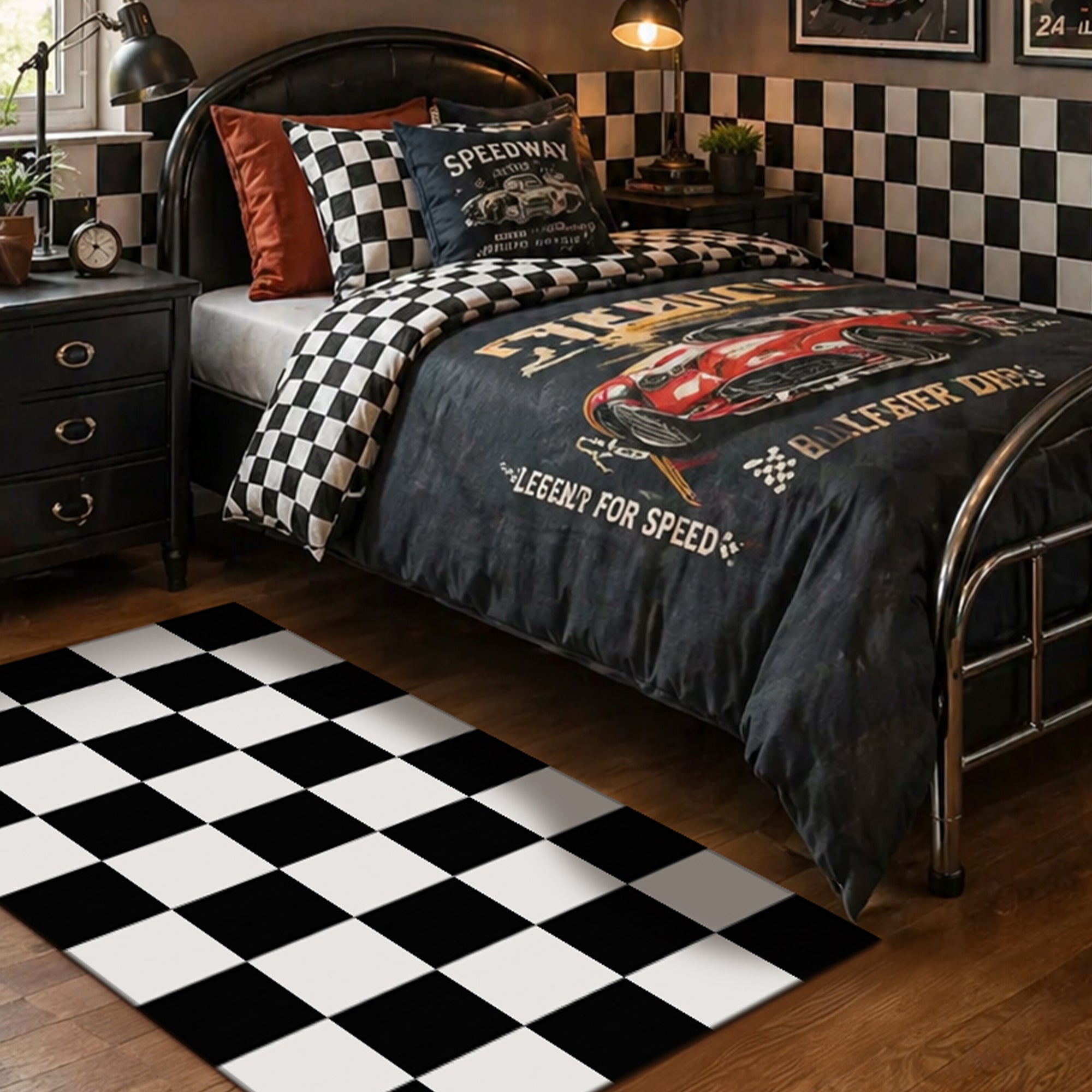 Checkered Black White Machine Washable Rug