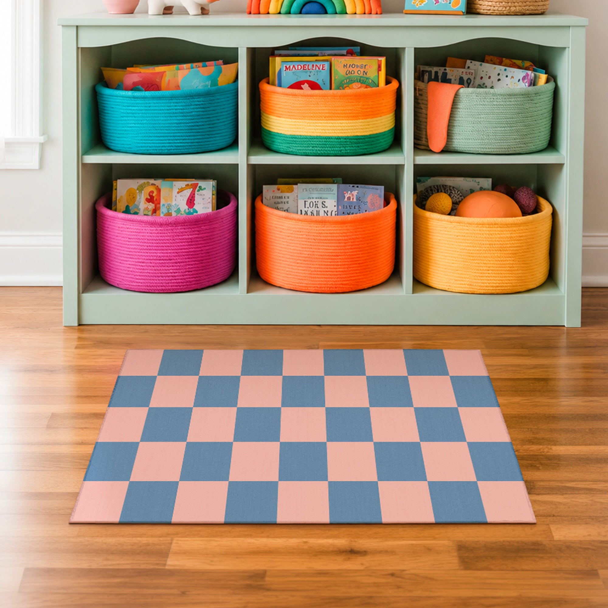 Checkered Blue Pink Machine Washable Rug
