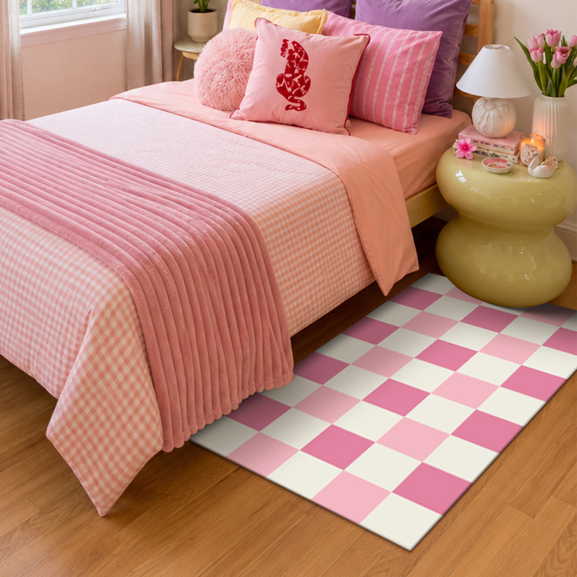 Checkered Pink Machine Washable Rug