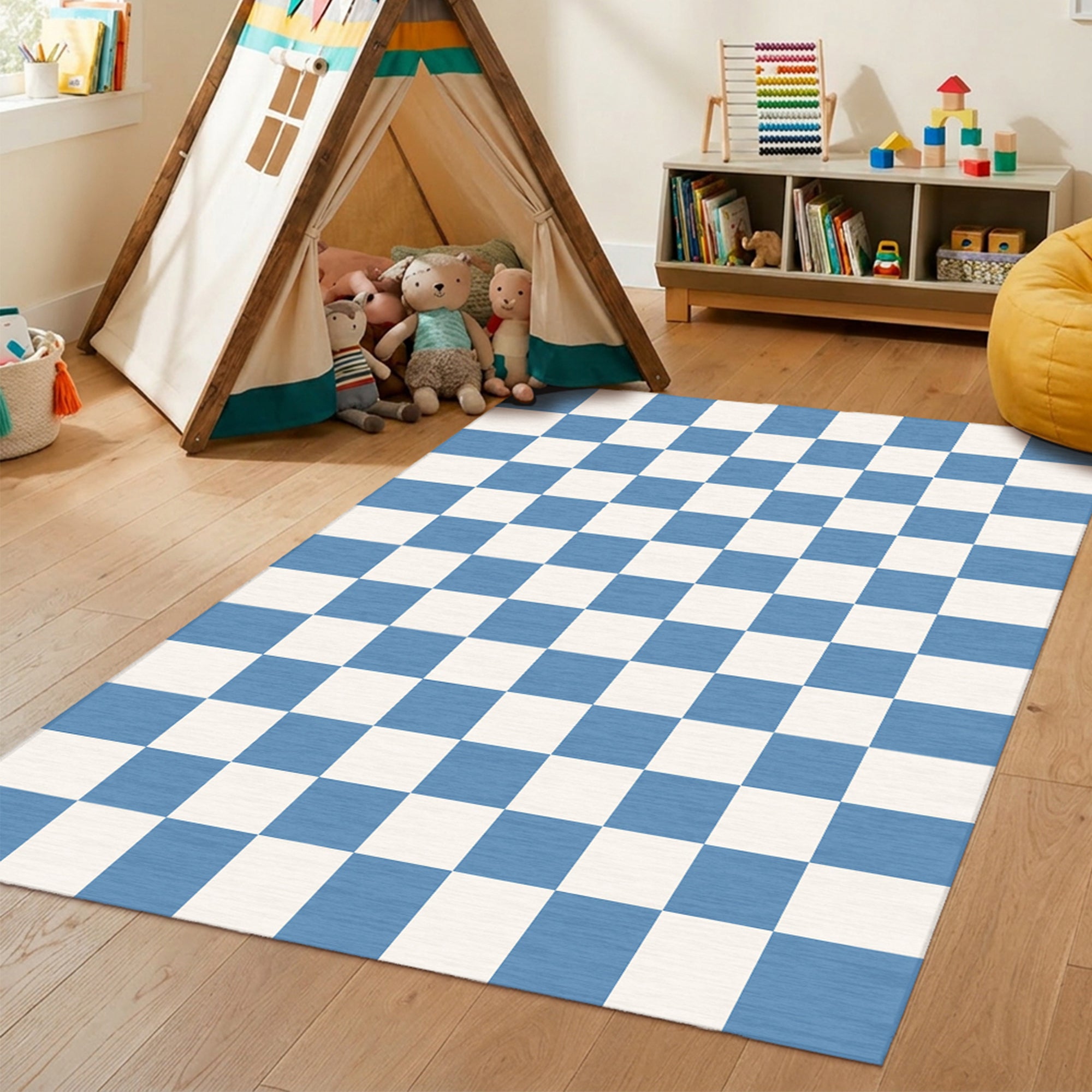 Checkered Blue White Machine Washable Rug