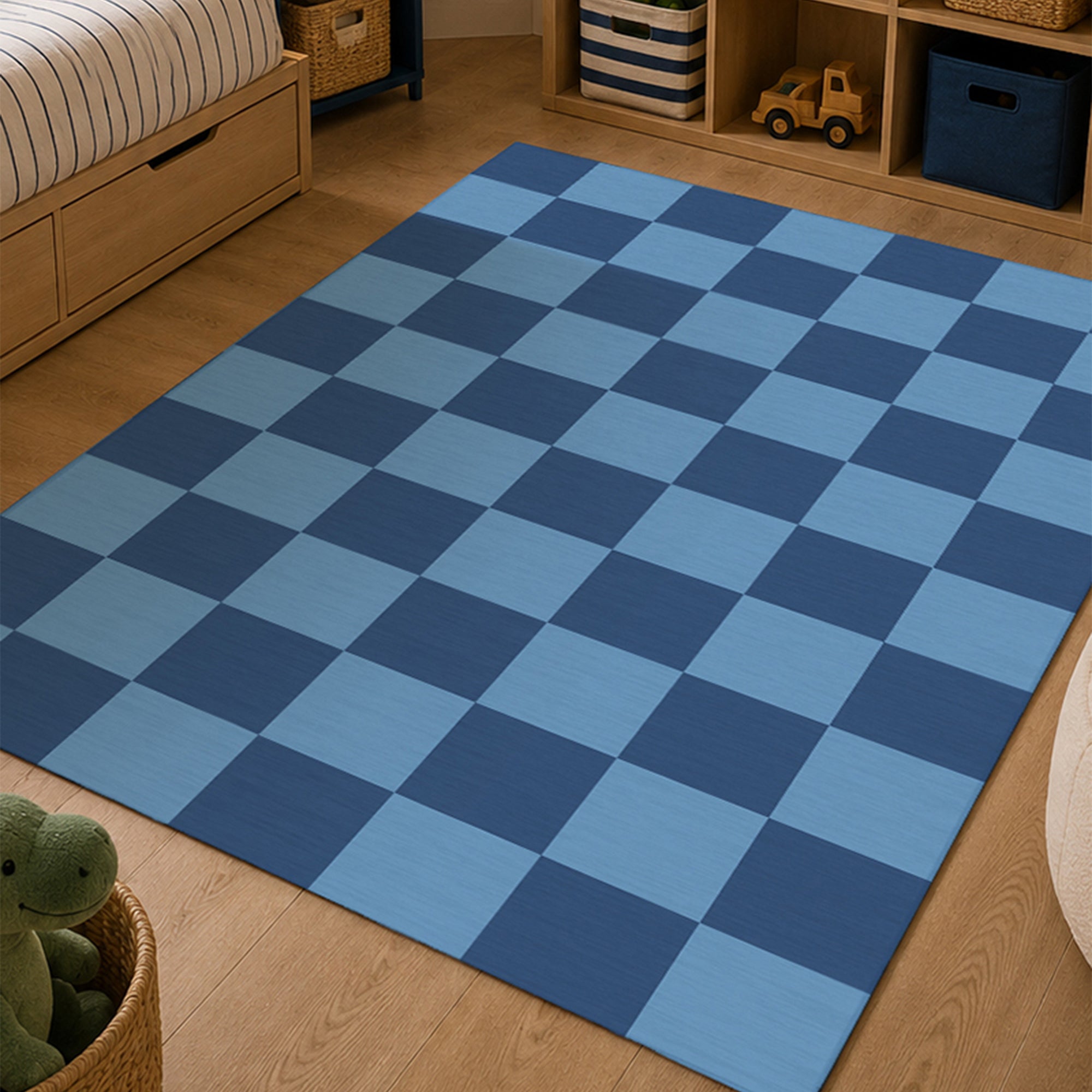 Checkered Blue Machine Washable Rug