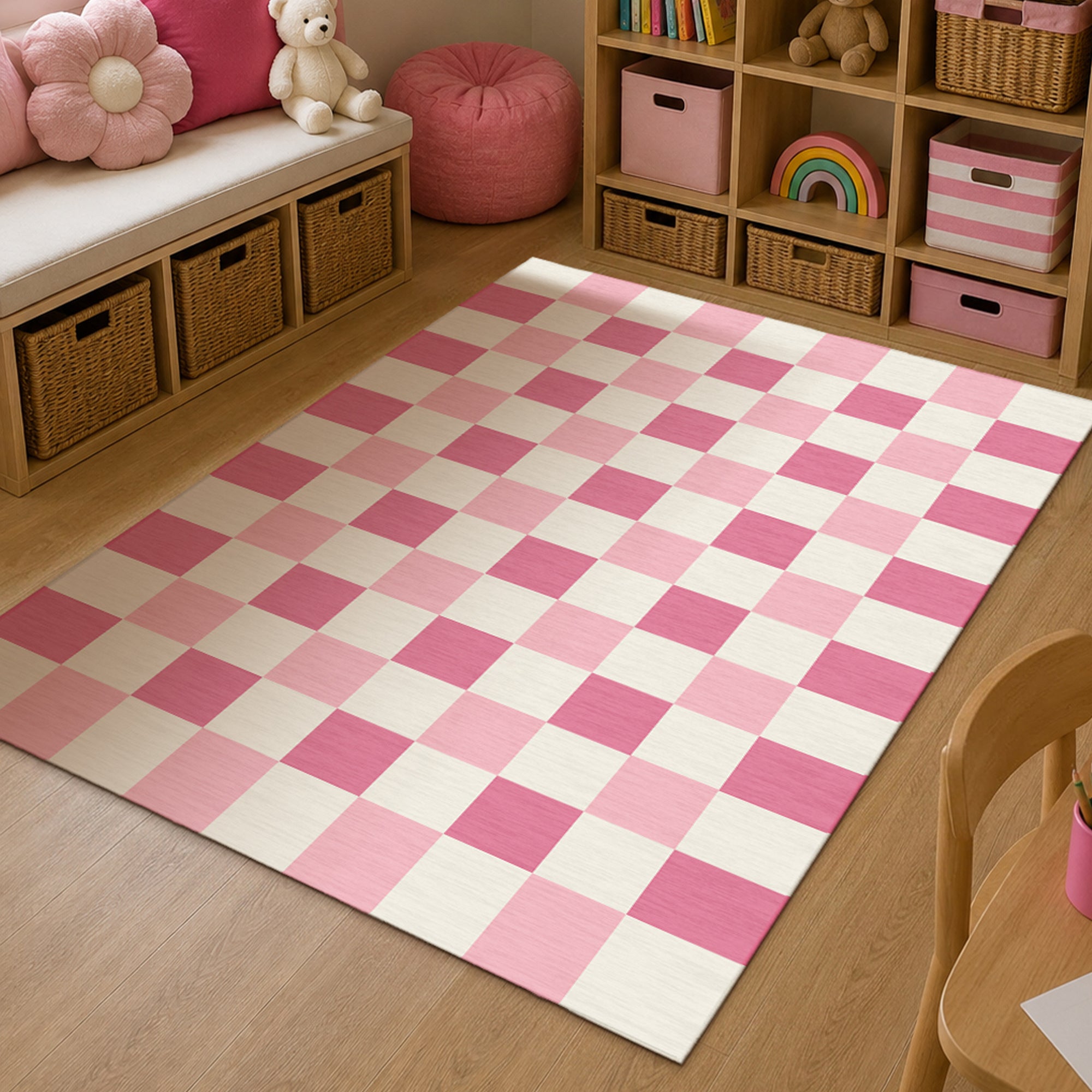 Checkered Pink Machine Washable Rug