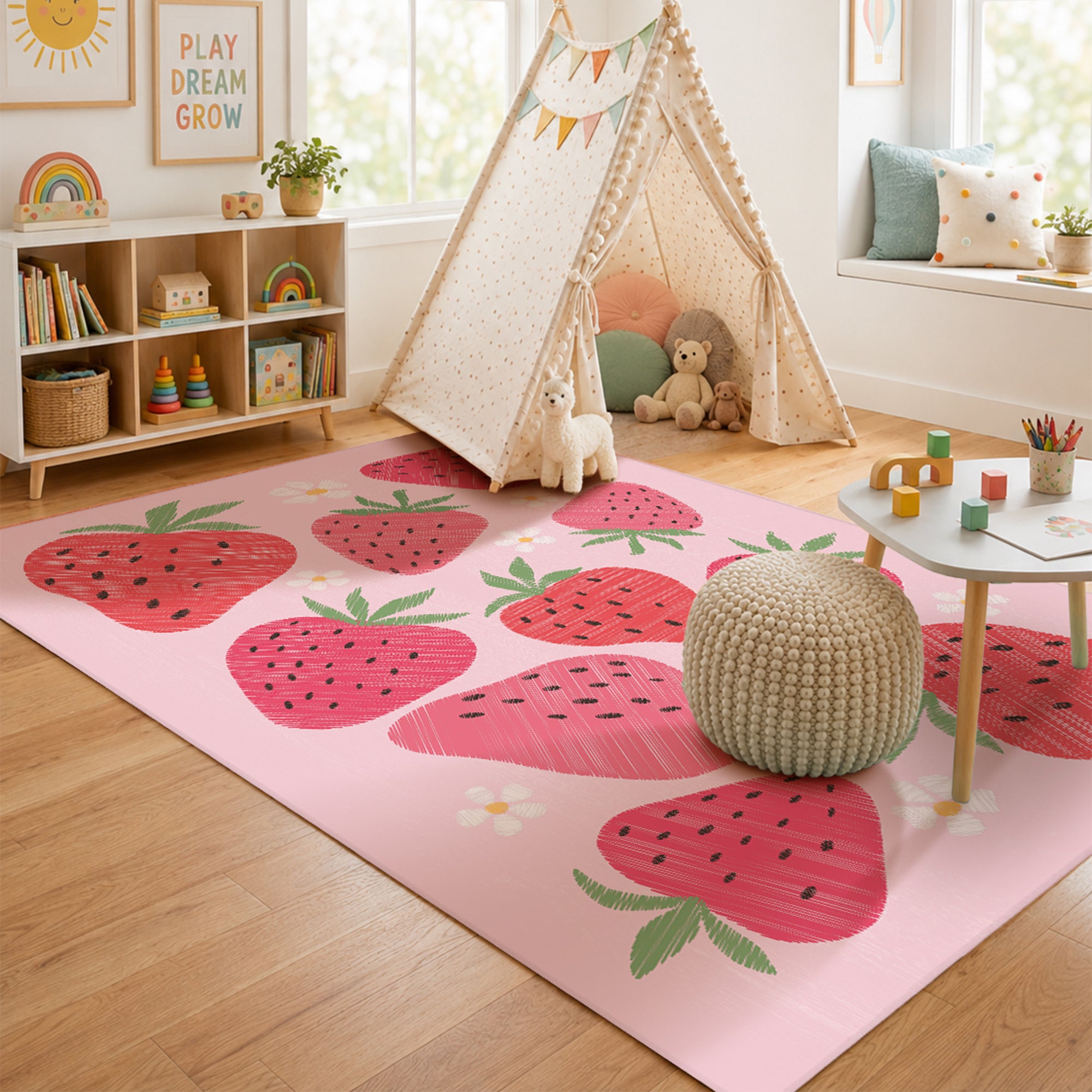 Strawberries and Daisies Machine Washable Rug