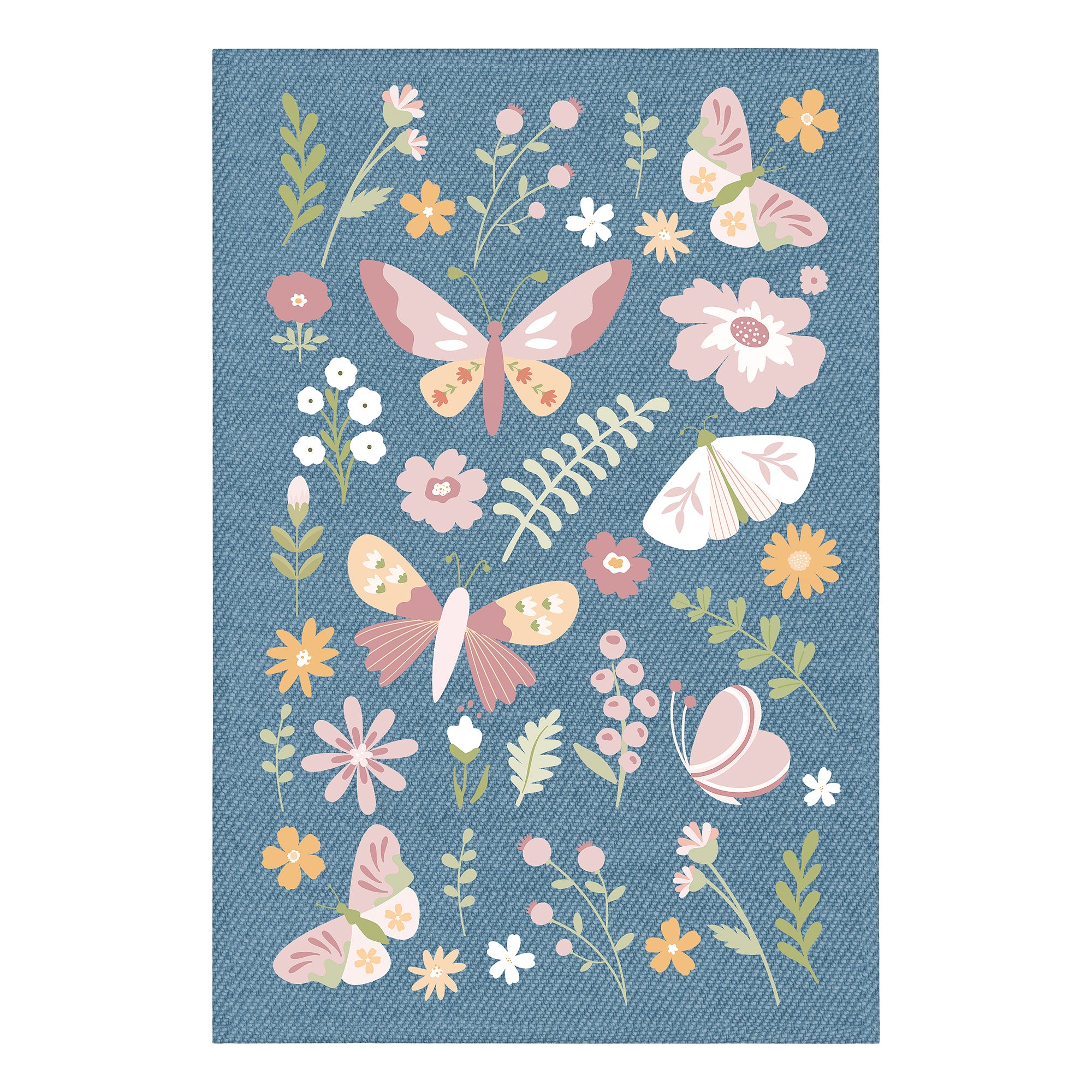 butterflies flowers denim  Machine Washable Rug