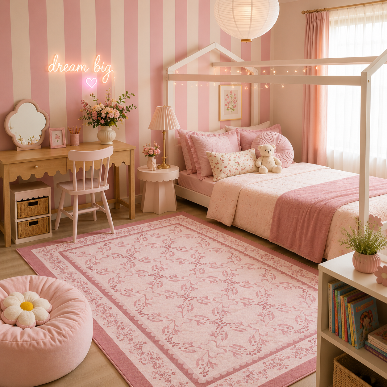 Ellee Bordered Pink Machine Washable Rug