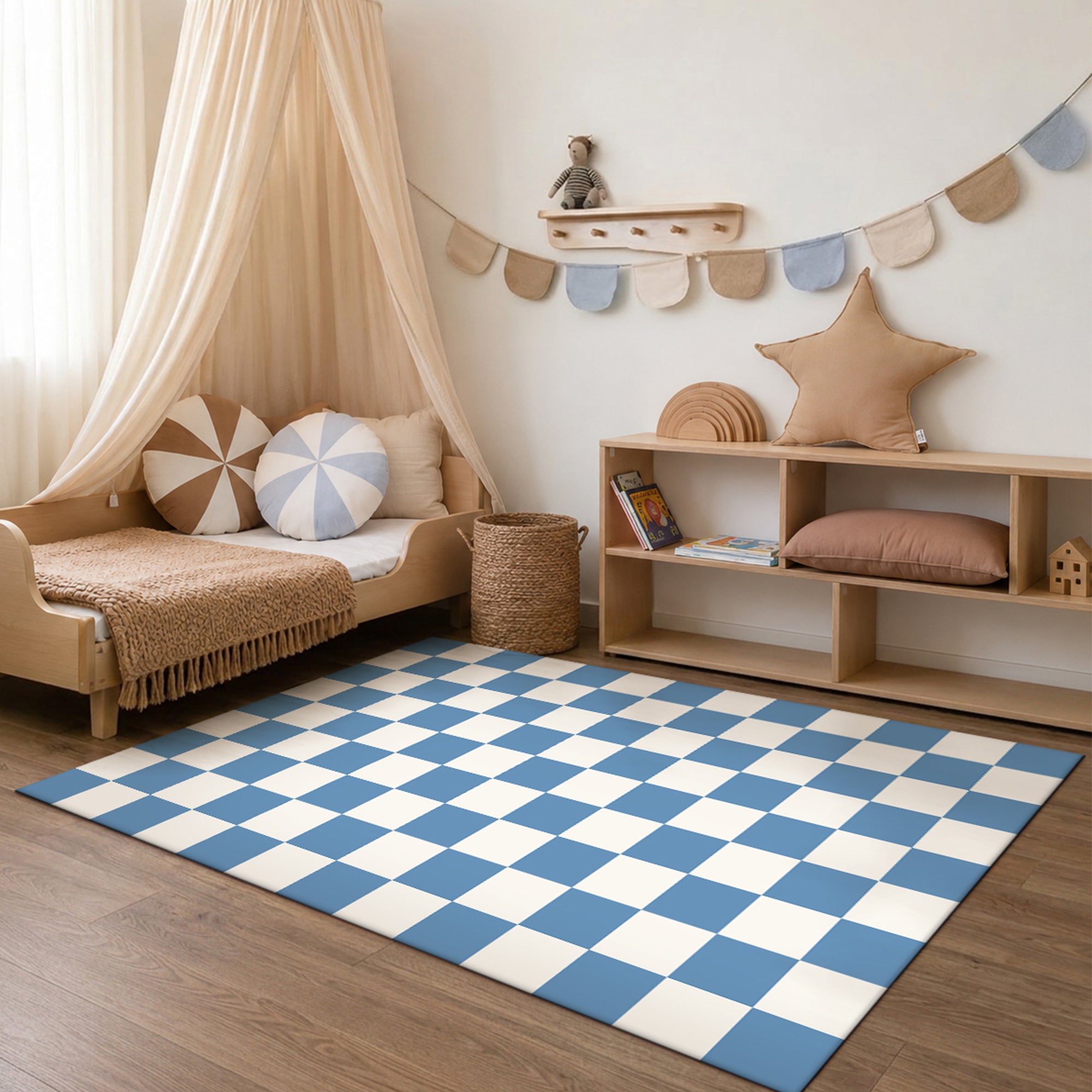 Checkered Blue White Machine Washable Rug