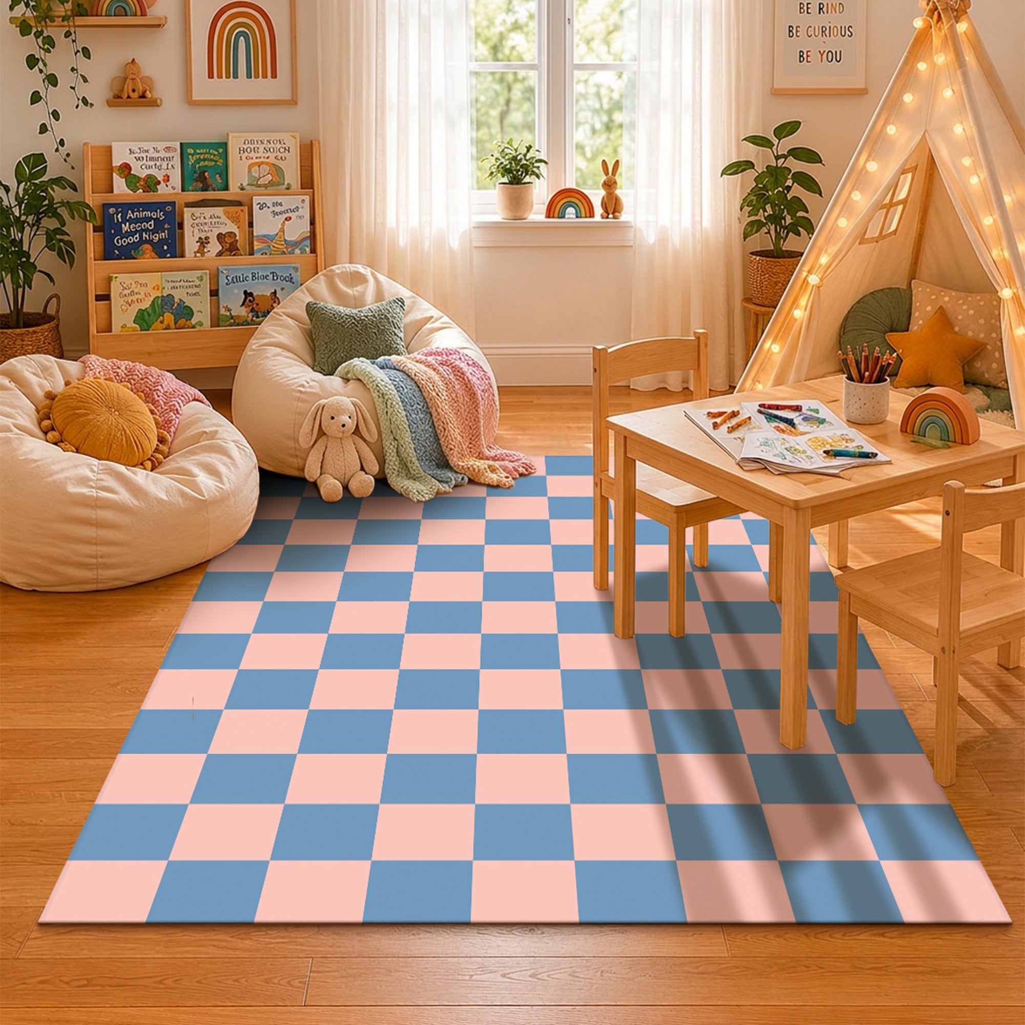 Checkered Blue Pink Machine Washable Rug