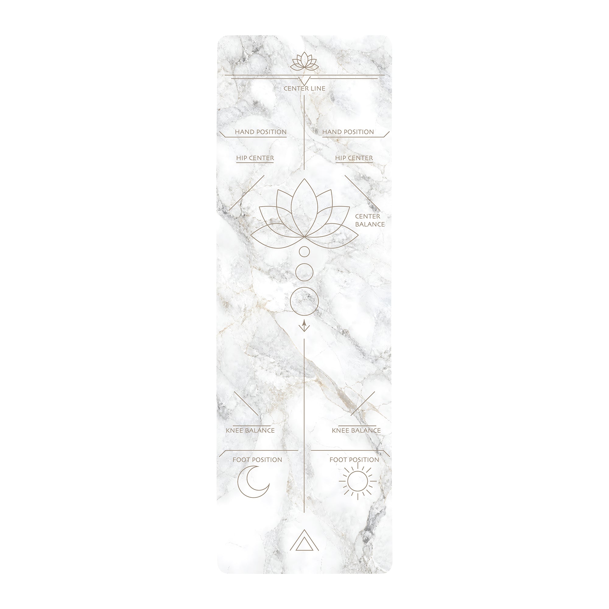 Blush grey marble yoga mat with lotus alignment design, celestial symbols, and anti-fatigue cushioned surface for yoga and Pilates.