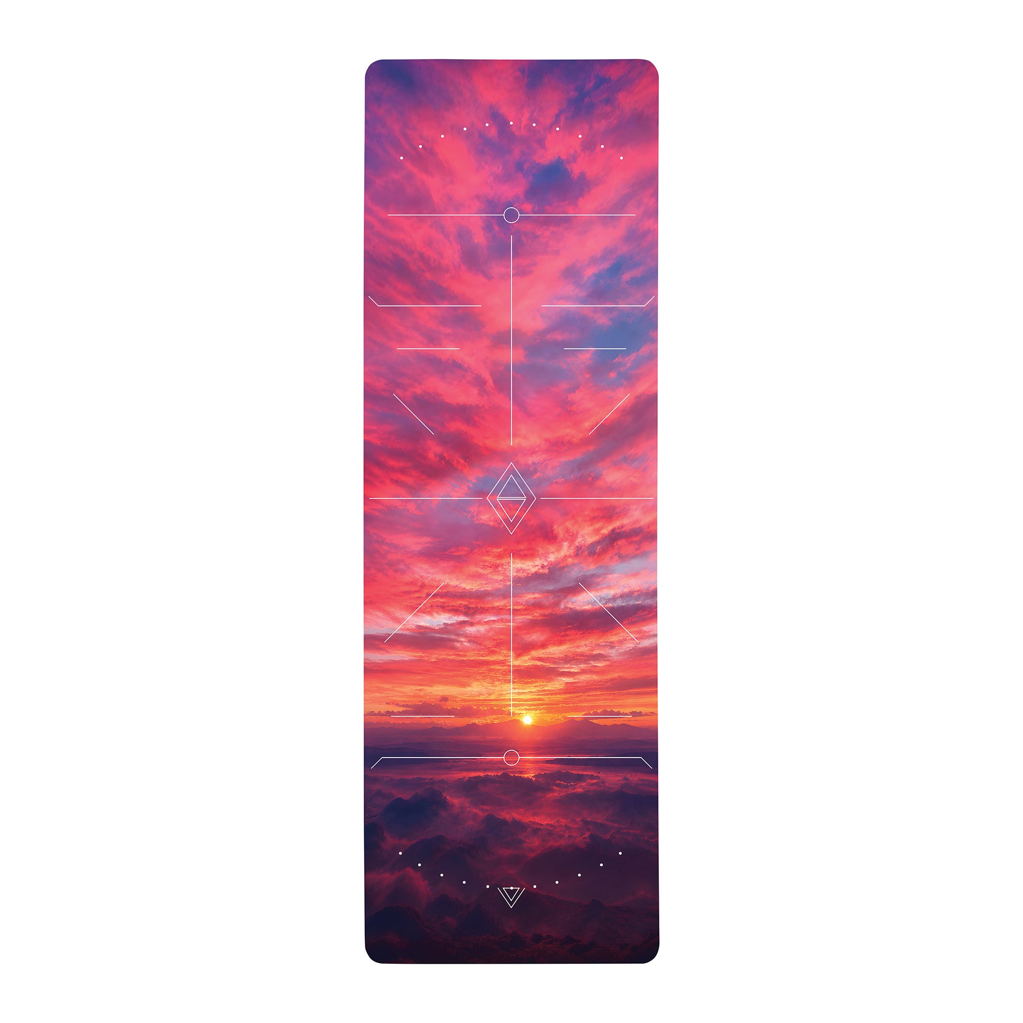 Radiant sunset yoga mat with pink and purple sky artwork, alignment guides, and cushioned anti-fatigue surface for yoga and Pilates.