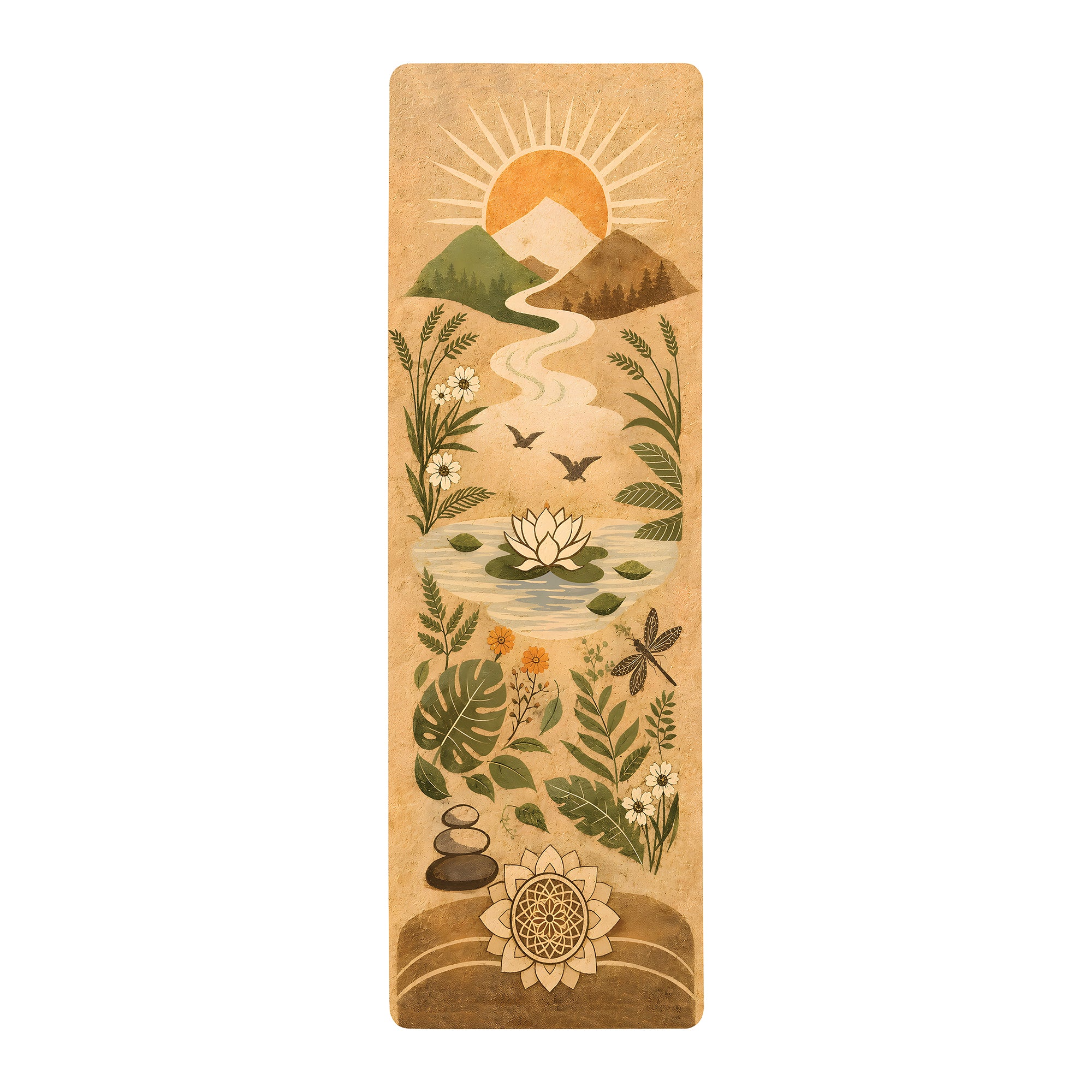 Boho botanical yoga mat with lotus pond, mountain landscape, floral artwork, and cushioned anti-fatigue surface for yoga and meditation.
