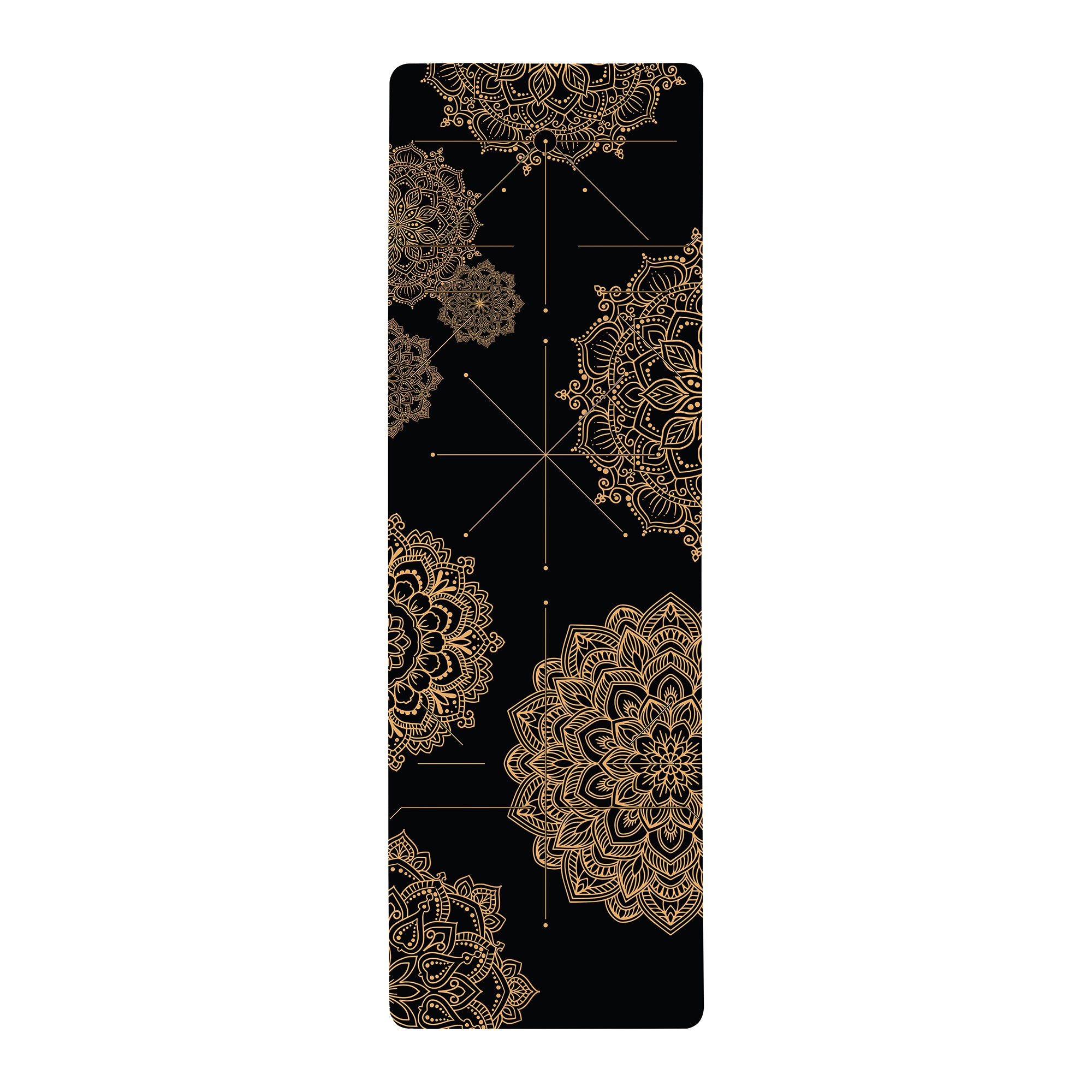 Black yoga mat with gold mandala artwork, alignment guides, and cushioned anti-fatigue surface for yoga, Pilates, and meditation.