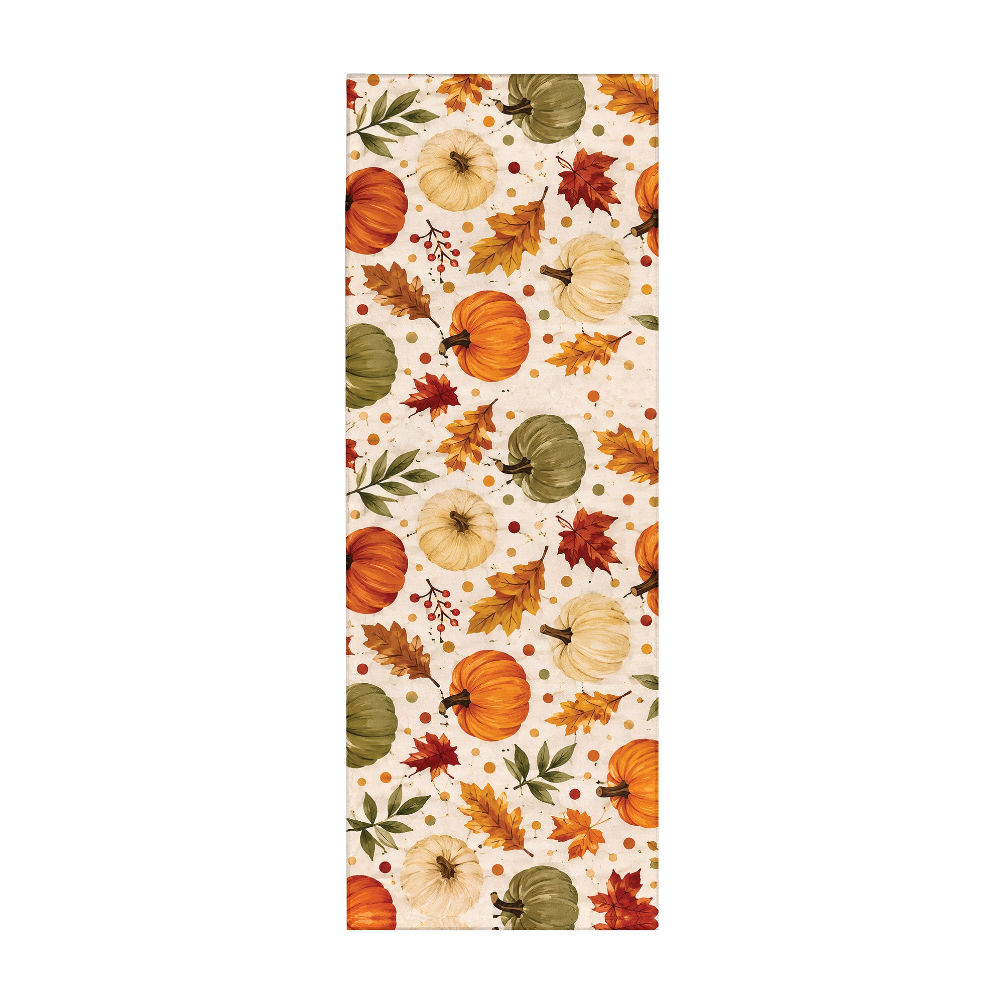 MY MAGIC CARPET Autumn Pumpkin Botanical machine washable runner rug with watercolor pumpkins, fall leaves and botanical accents.