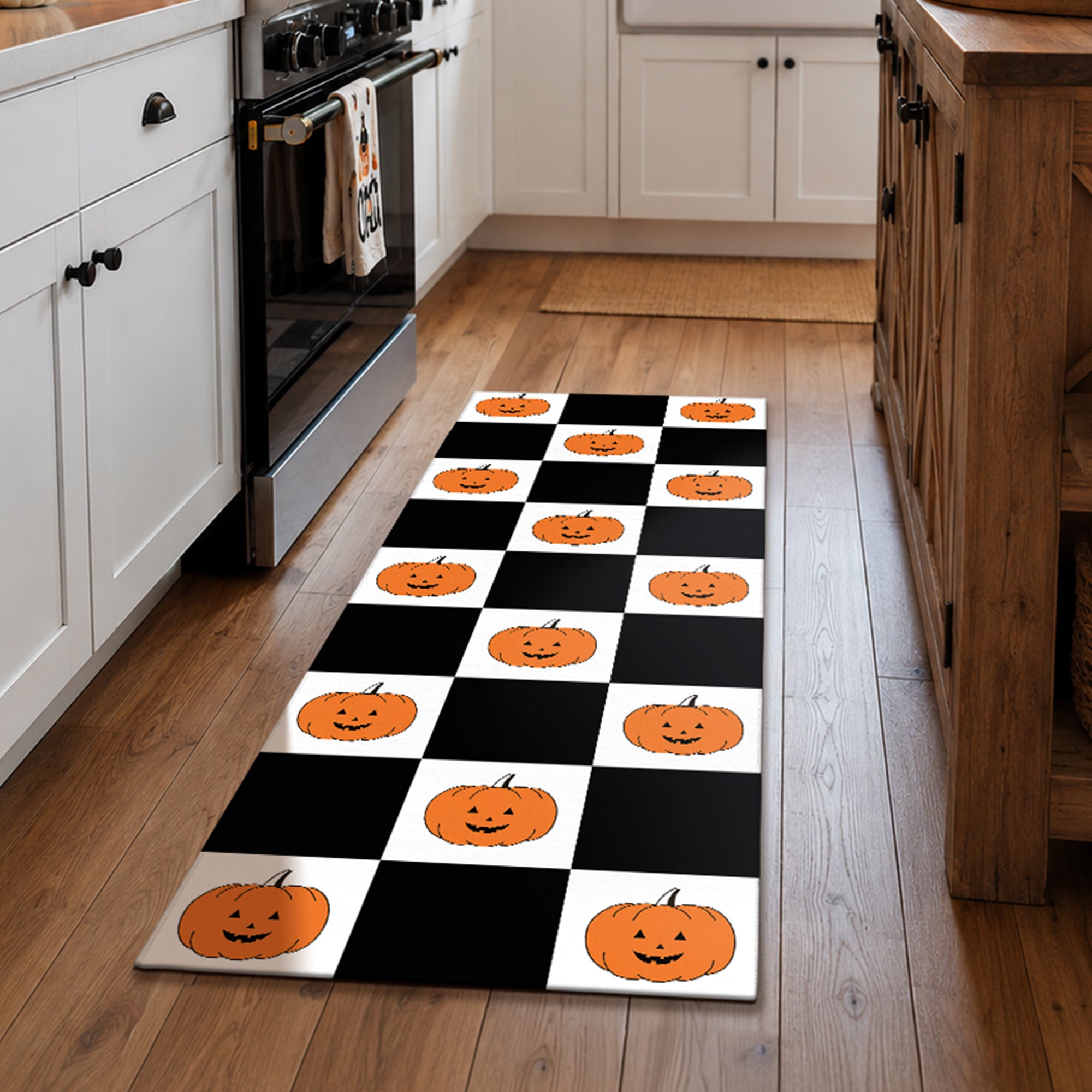 Checkered Pumpkins Halloween Machine Washable Rug