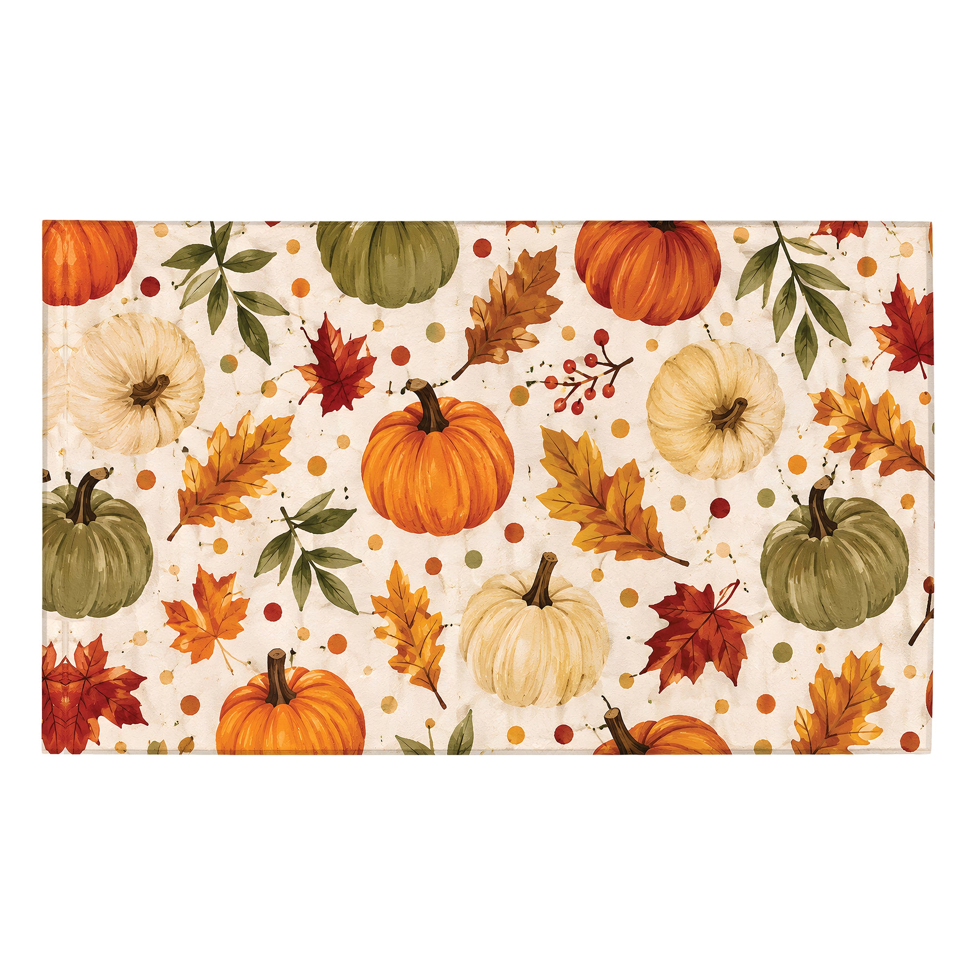 MY MAGIC CARPET Autumn Pumpkin Botanical washable area rug with watercolor pumpkins, autumn leaves and botanical artwork.