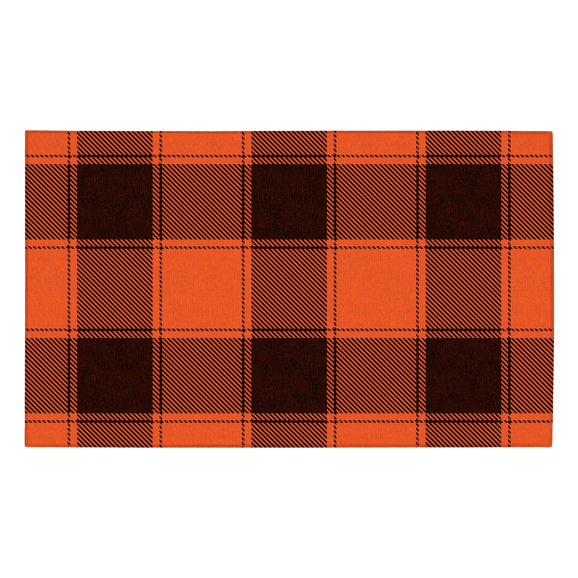 MY MAGIC CARPET Buffalo Plaid washable area rug featuring orange and black buffalo check pattern for farmhouse home décor.