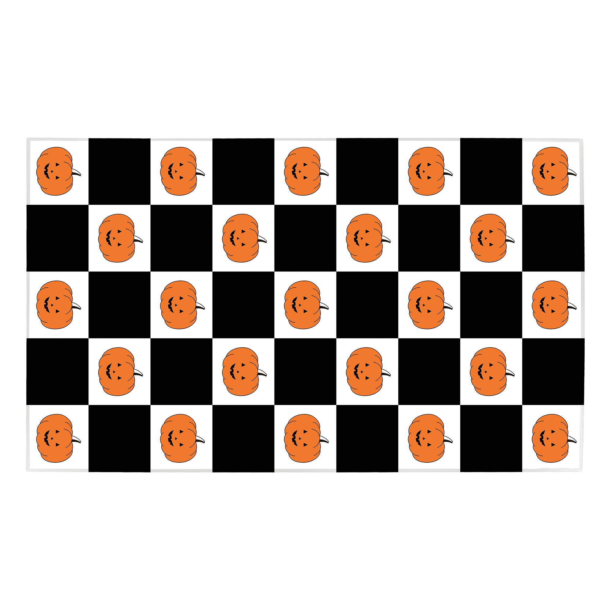 MY MAGIC CARPET Halloween area rug with checkered pumpkins, black white checkerboard design, washable non-slip accent rug for living room or bedroom.