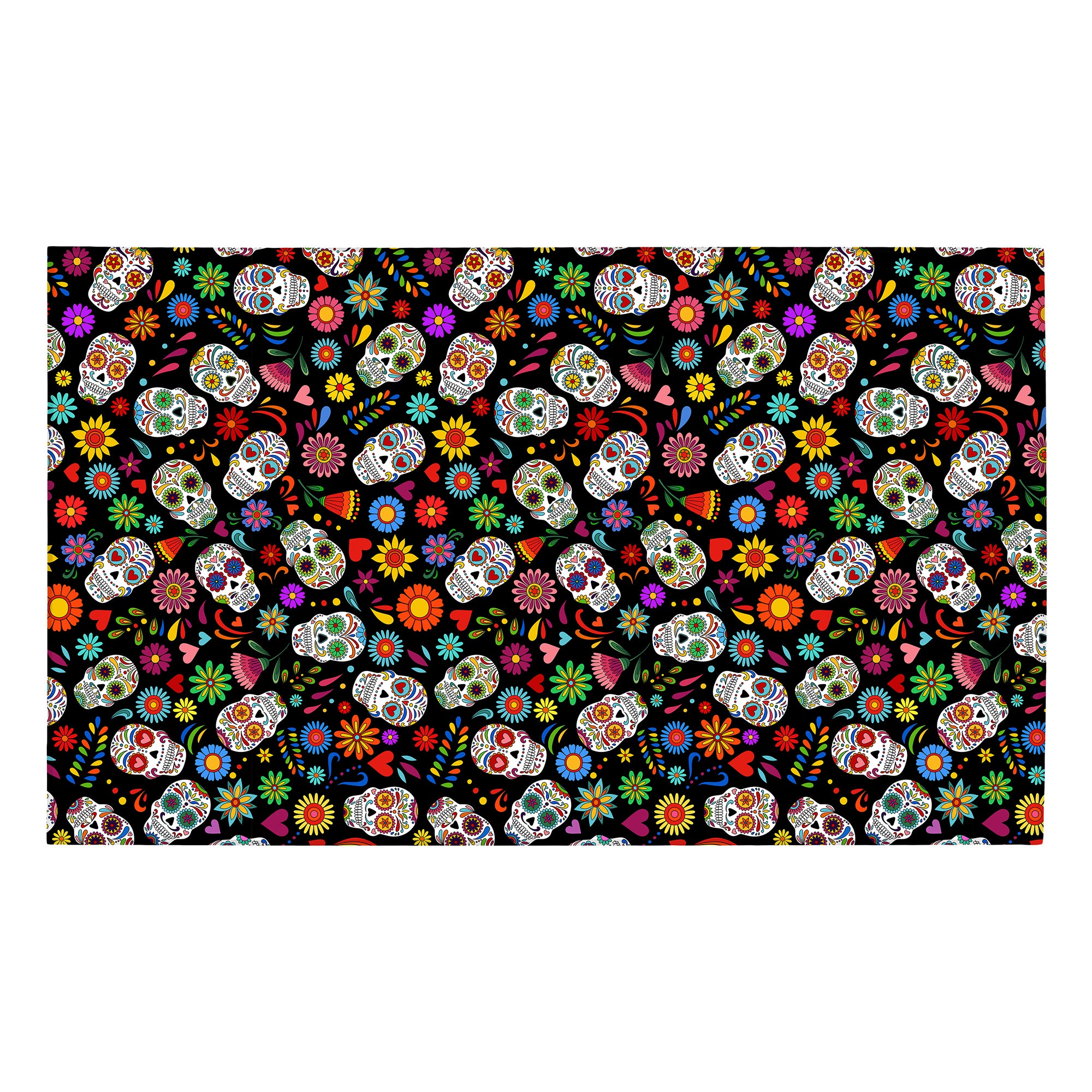 MY MAGIC CARPET washable Sugar Skull Pattern area rug with colorful floral calavera print for living room, bedroom or office.