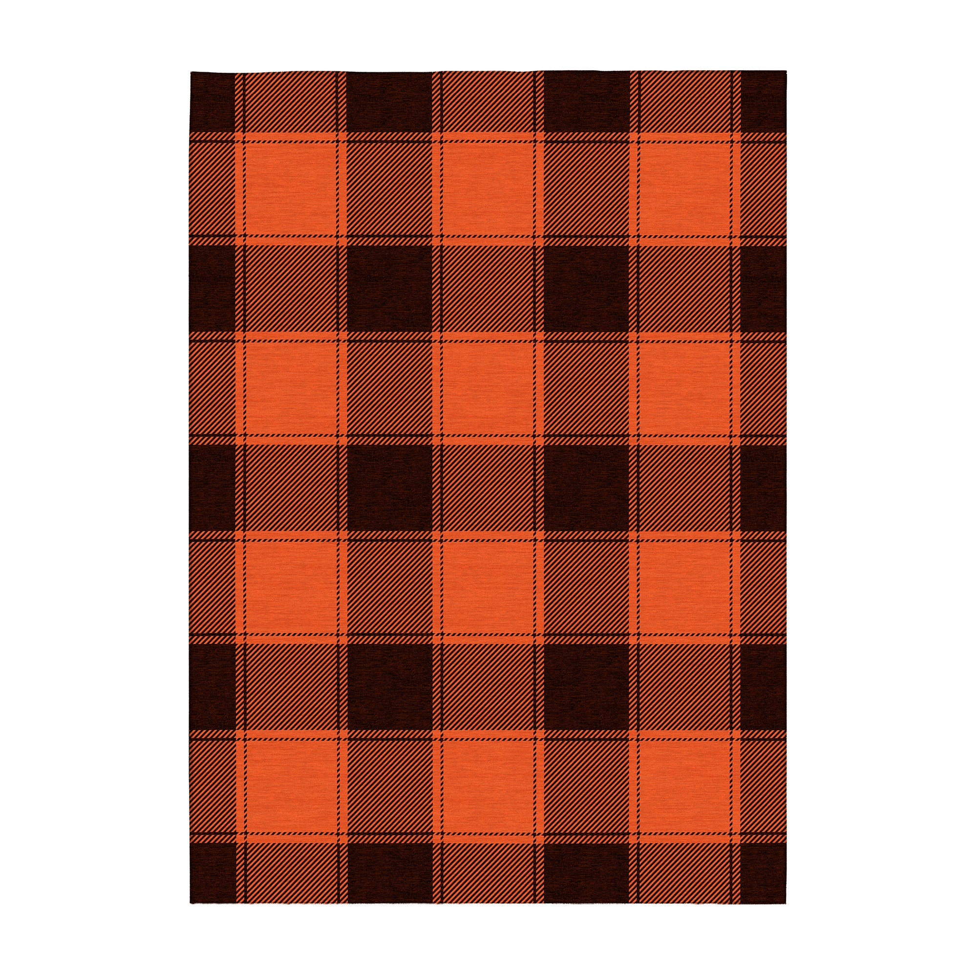 Large MY MAGIC CARPET Buffalo Plaid washable area rug featuring classic orange and black buffalo check for farmhouse living room décor.