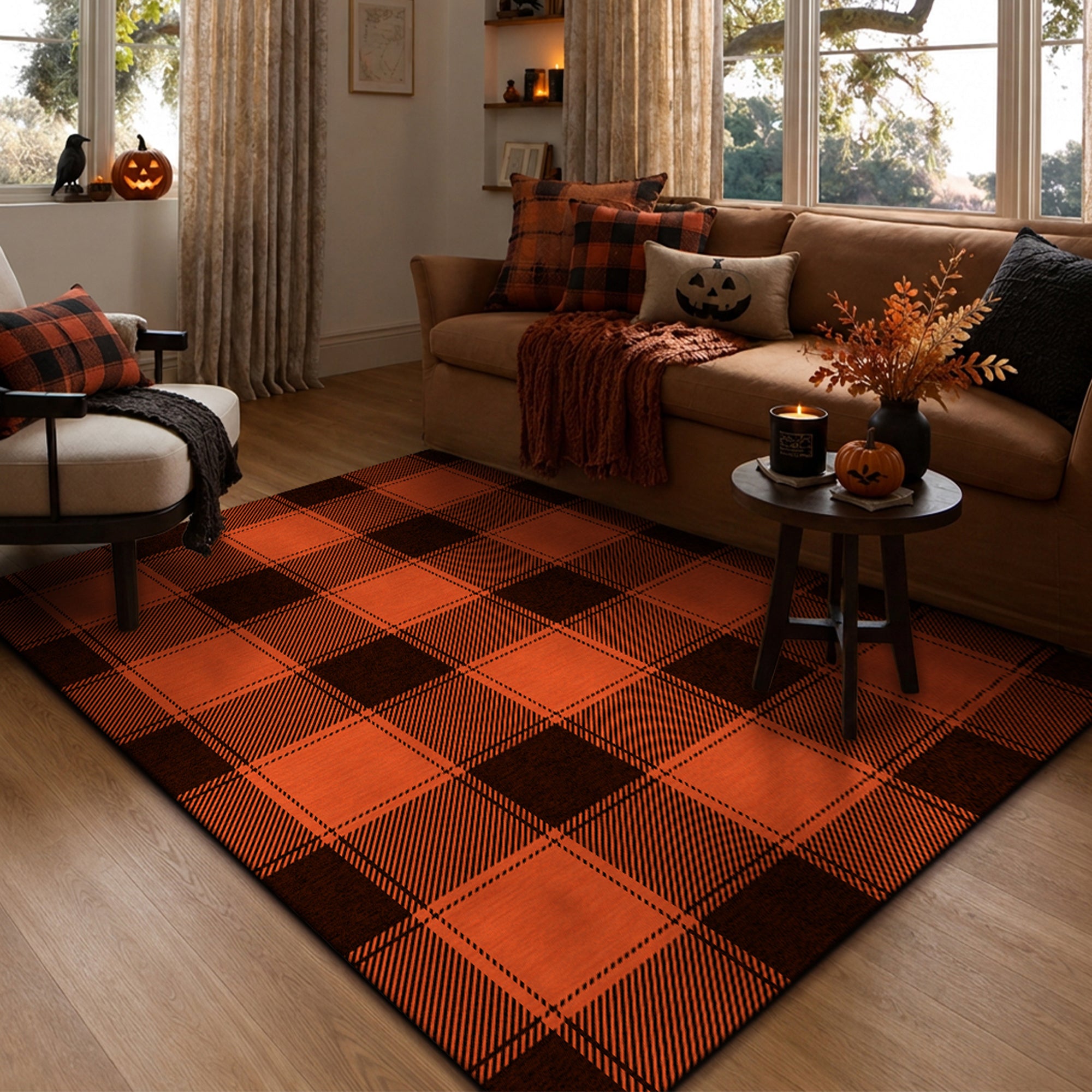 Buffalo Plaid Black Orange Machine Washable Rug