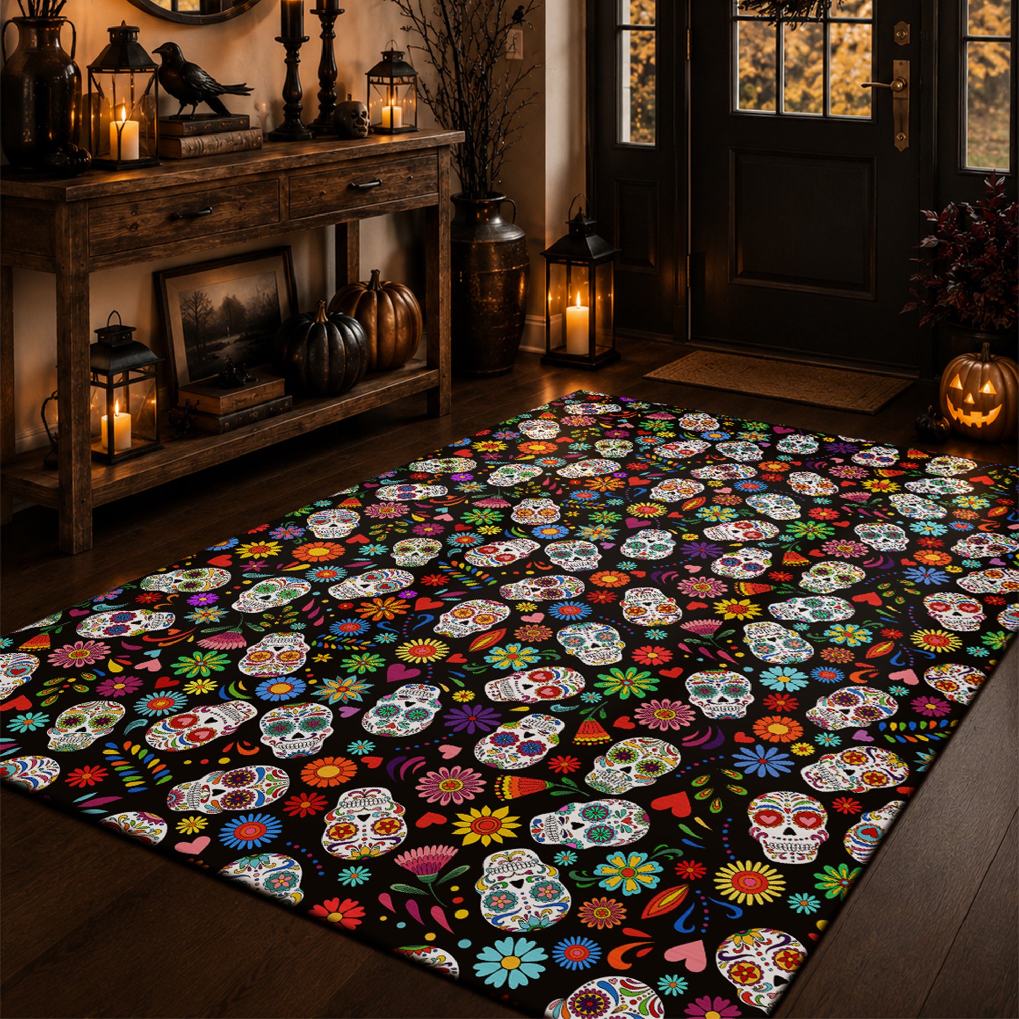 Sugar Skull Pattern Machine Washable Rug