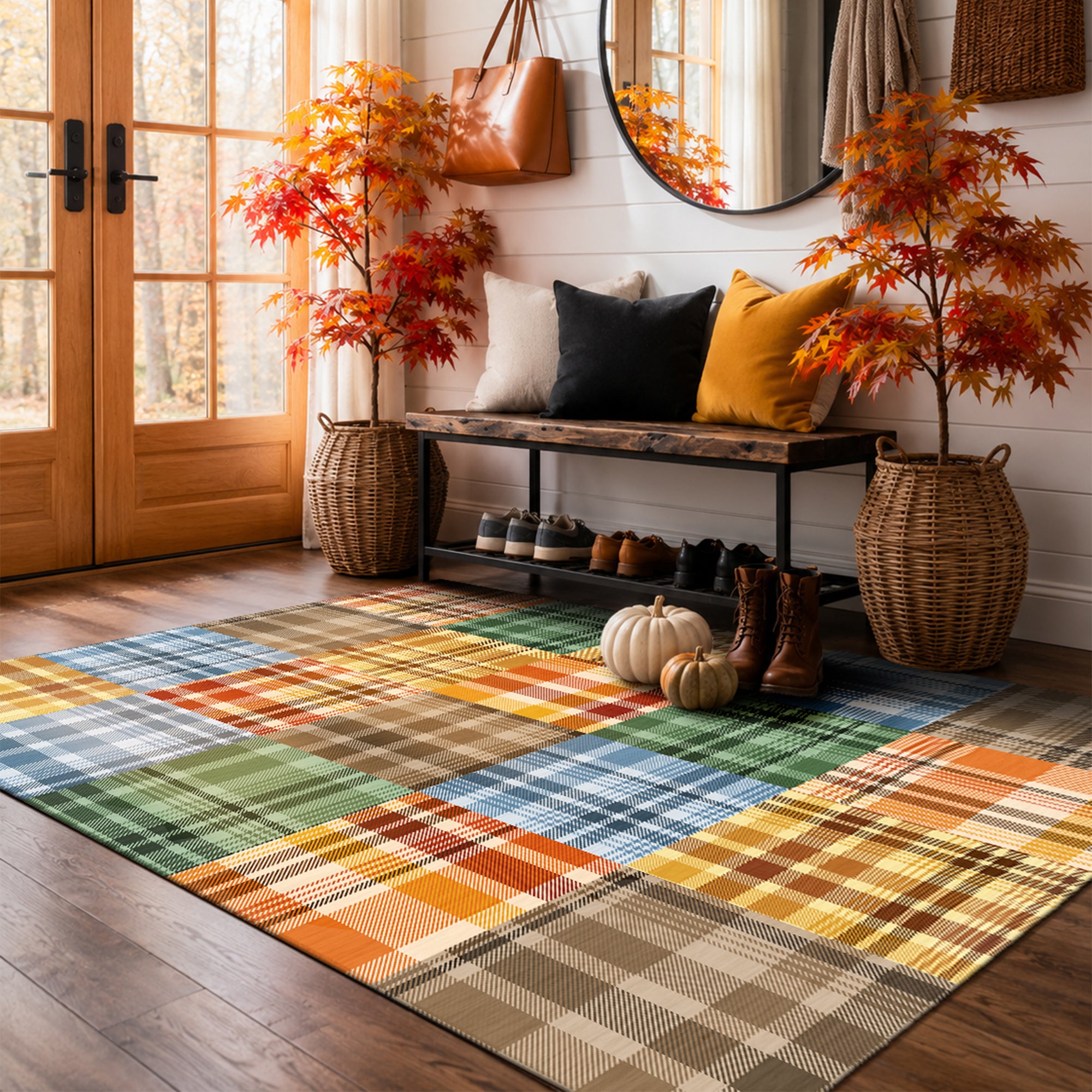 Plaid Patchwork Machine Washable Rug