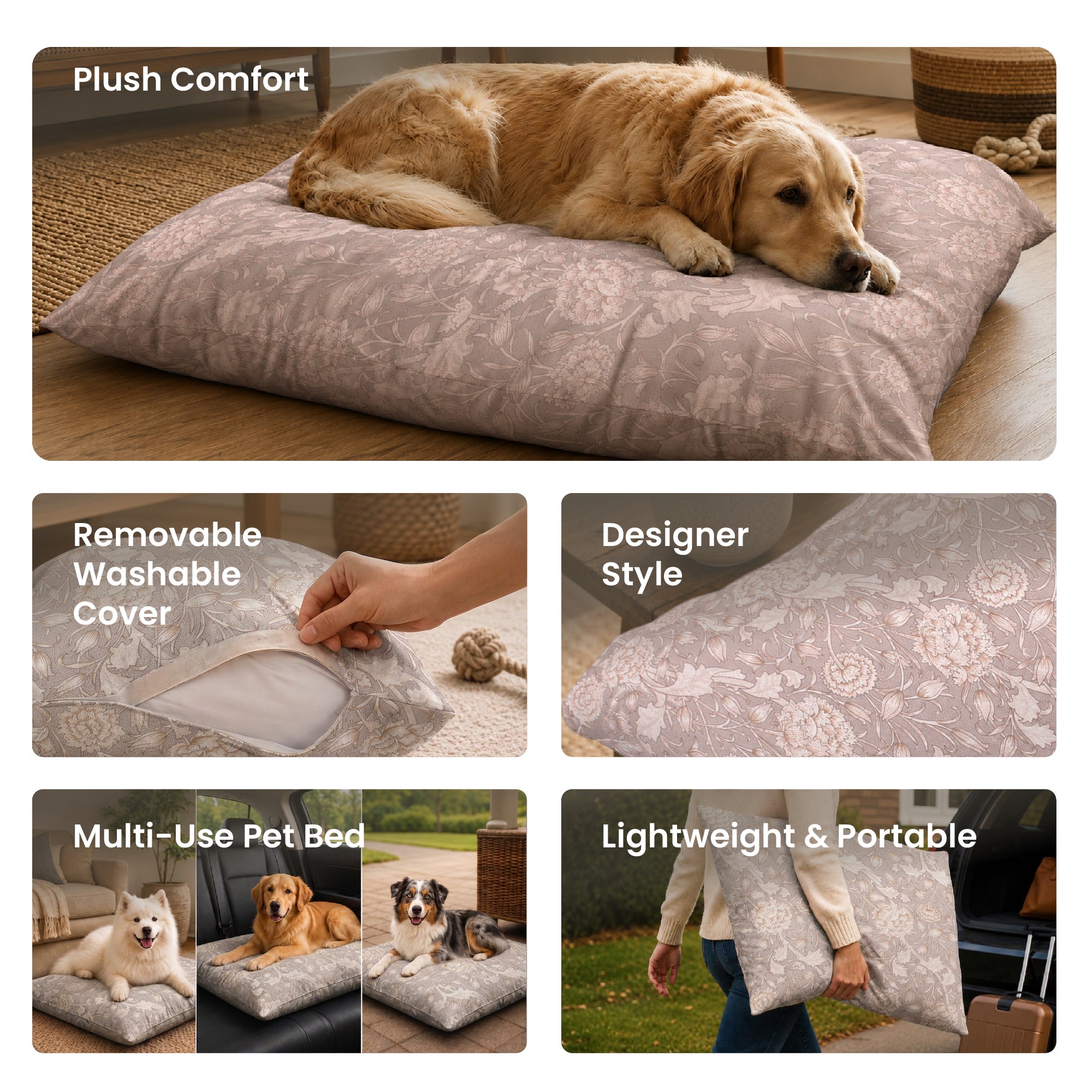 Kalini Floral Natural Doggy Bed Pillow Washable Pet Bed