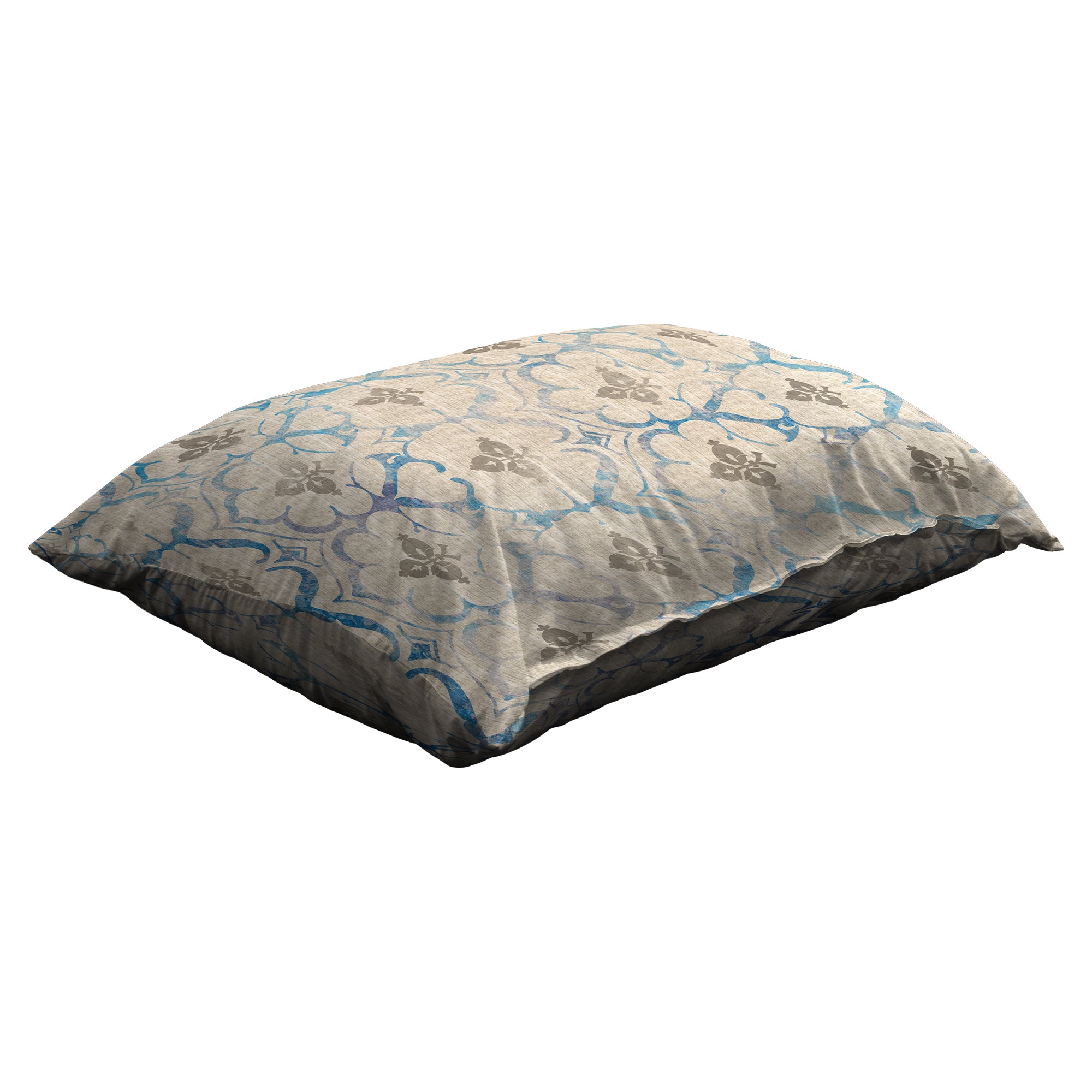 Leilani Damask Beige Blue Machine Washable Dog Bed, Beige, Blue Damask design, Ruggable style removable cover pet bedding for Living Room, Bedroom and Pet Area.