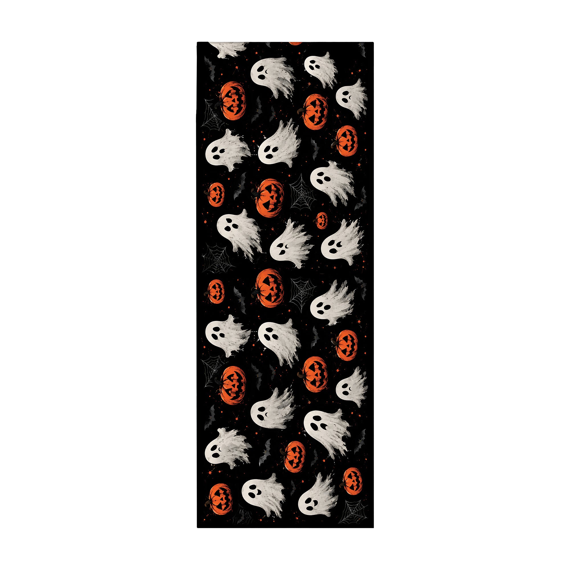 MY MAGIC CARPET Jack-O-Lantern Ghost machine washable runner rug with ghosts, pumpkins, bats and spider webs for hallway or kitchen.