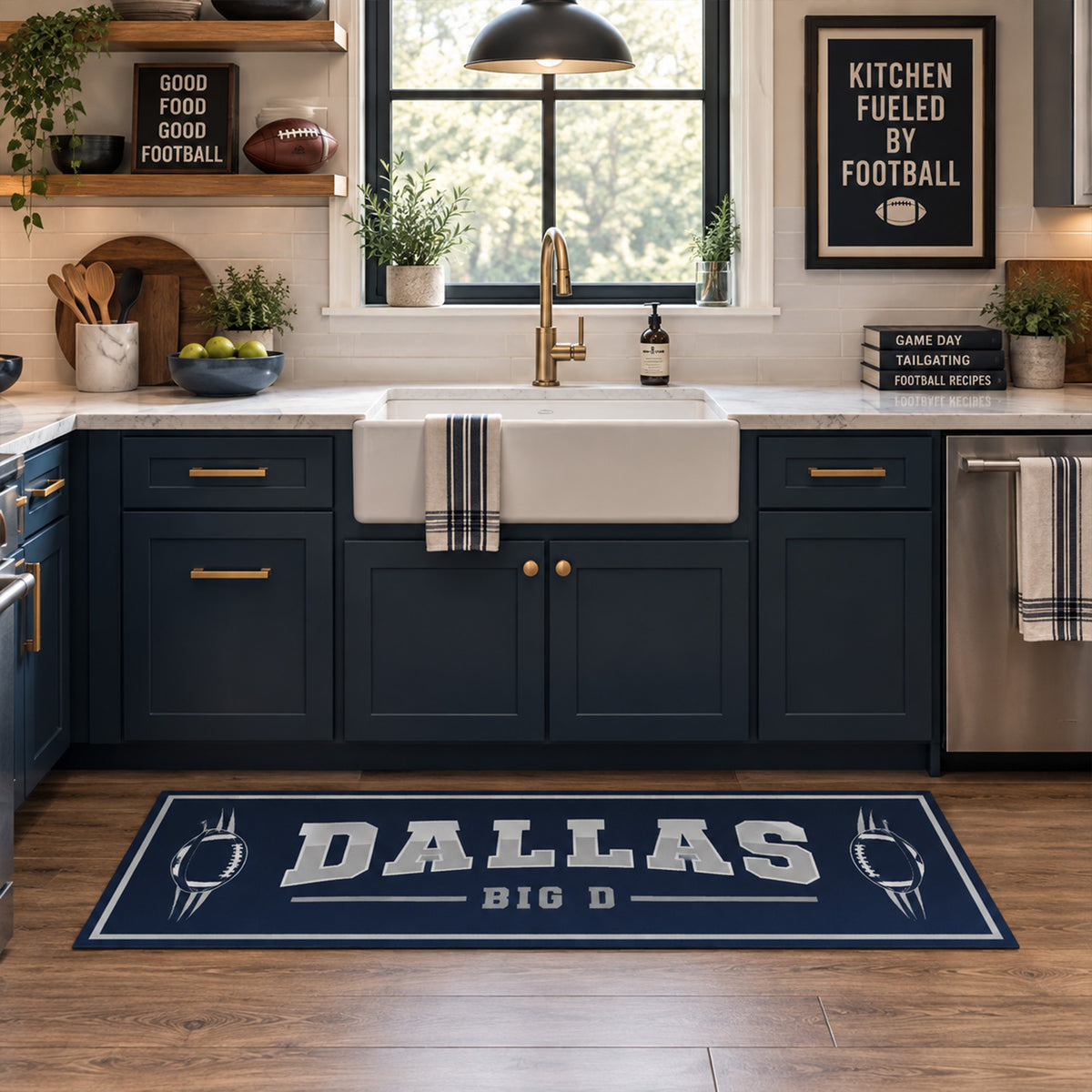 My Magic Carpet 6 x 9 Dallas football machine washable area rug in navy blue, silver, gray and white, NFL fan room decor with Dallas Cowboys-inspired skyline and football artwork.