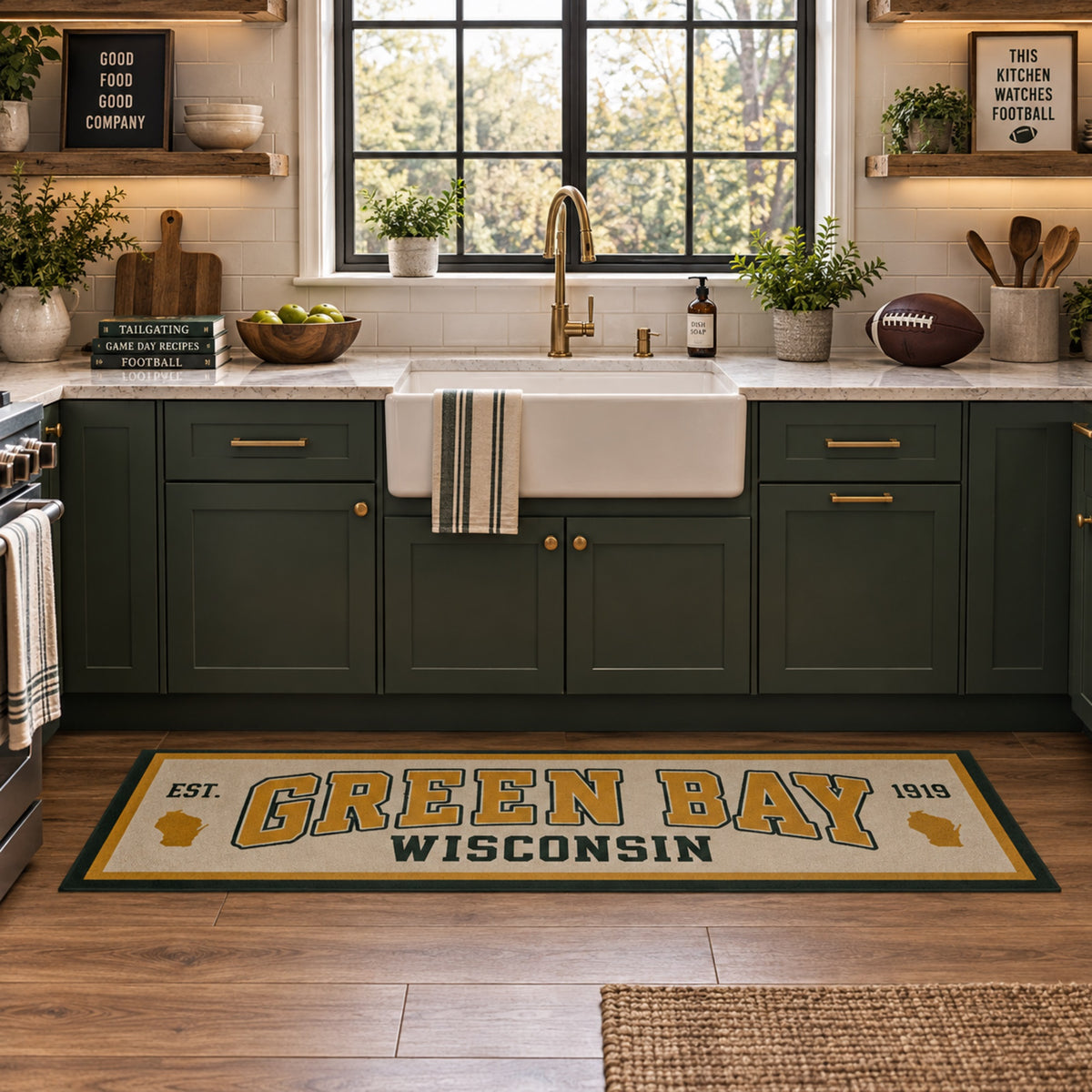 My Magic Carpet 6 x 9 Green Bay football machine washable area rug in dark green, gold, cream and white, NFL fan room decor with Green Bay Packers-inspired football and Wisconsin stadium artwork.