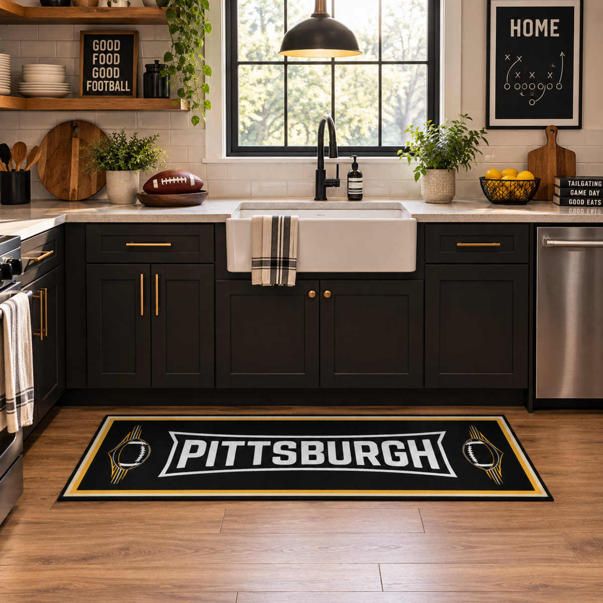 My Magic Carpet 6 x 9 Pittsburgh football machine washable area rug in black, gold and white, NFL fan room decor with Pittsburgh Steelers-inspired skyline, stadium and football artwork.