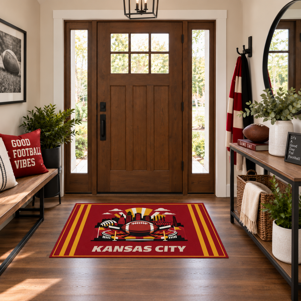 My Magic Carpet 3 x 5 Kansas City football machine washable area rug in red, yellow, black and white, NFL fan decor with Kansas City Chiefs-inspired skyline and football graphic.