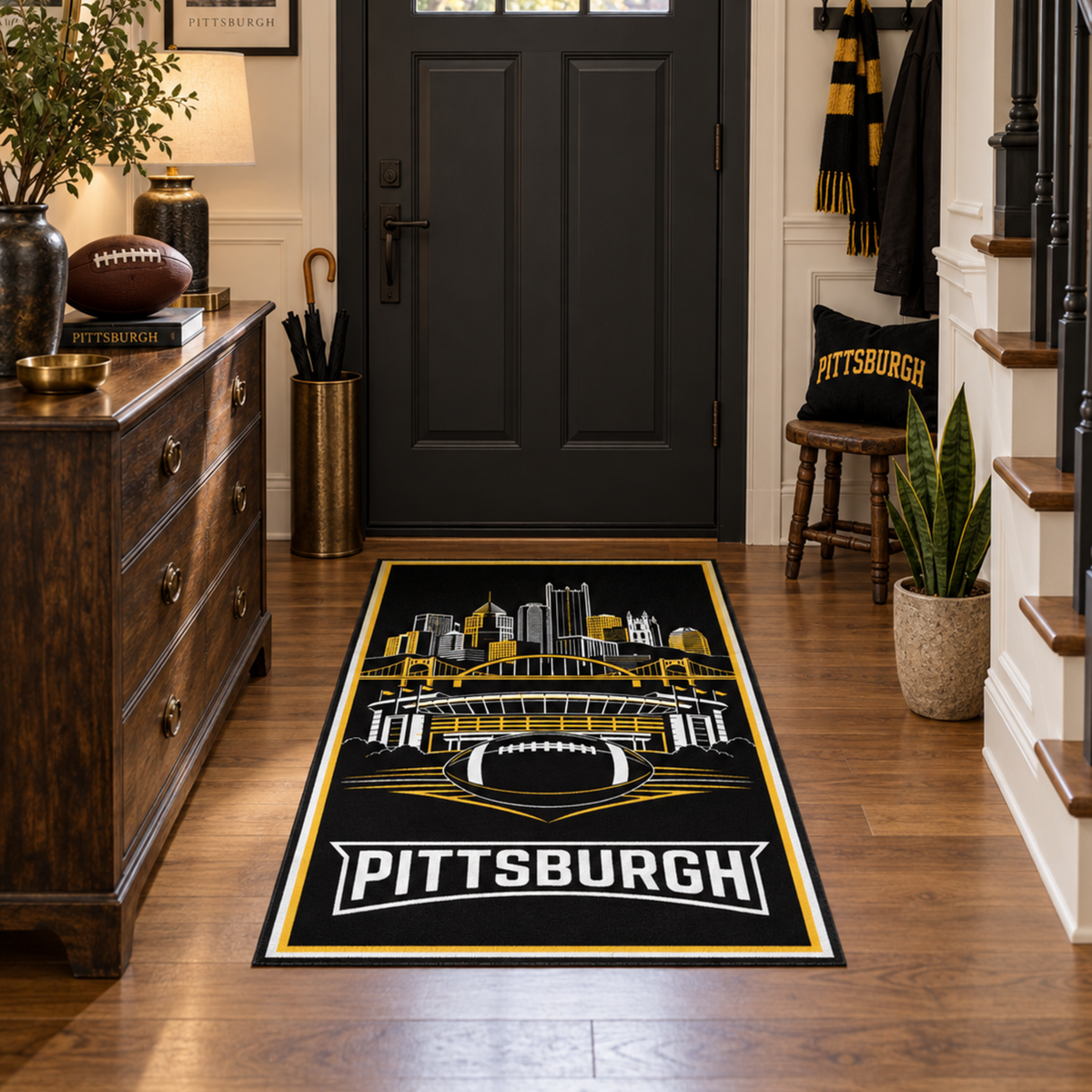 My Magic Carpet 2.5 x 7 Pittsburgh football machine washable runner rug in black, gold and white, NFL fan decor with Pittsburgh Steelers-inspired skyline, stadium and football design.