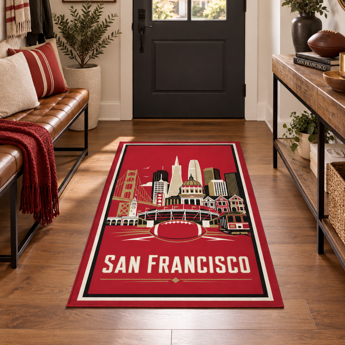 My Magic Carpet 2.5 x 7 San Francisco football machine washable runner rug in red, gold, black and cream, NFL fan decor with San Francisco 49ers-inspired Golden Gate Bridge, cable car and football design.