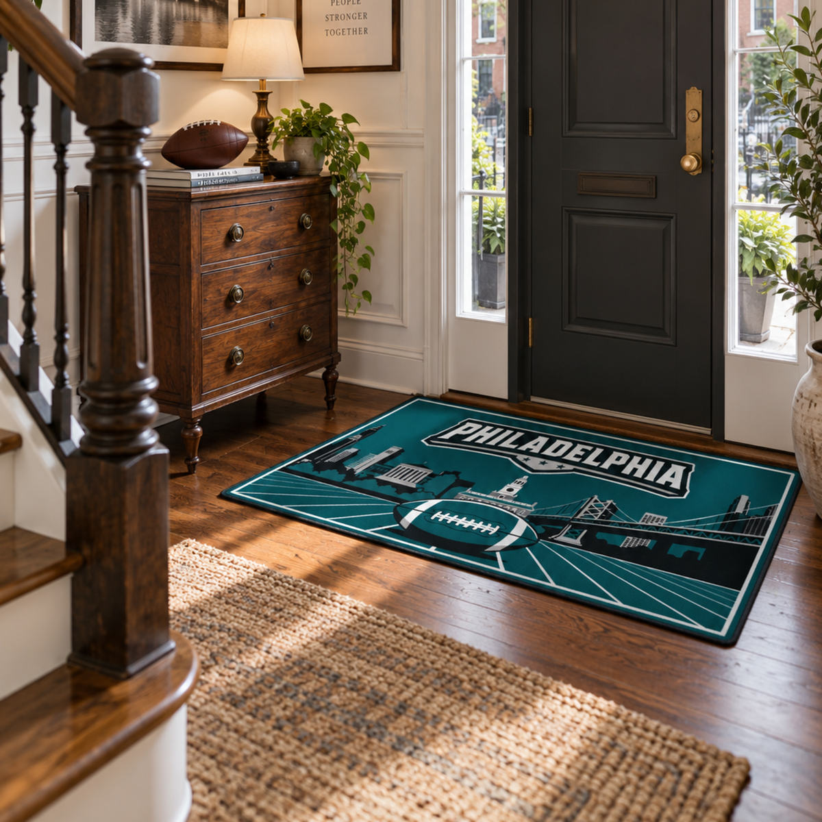 My Magic Carpet 3 x 5 Philadelphia football machine washable area rug in midnight green, black, white and gray, NFL fan decor with Philadelphia Eagles-inspired skyline, bridge and football graphic.