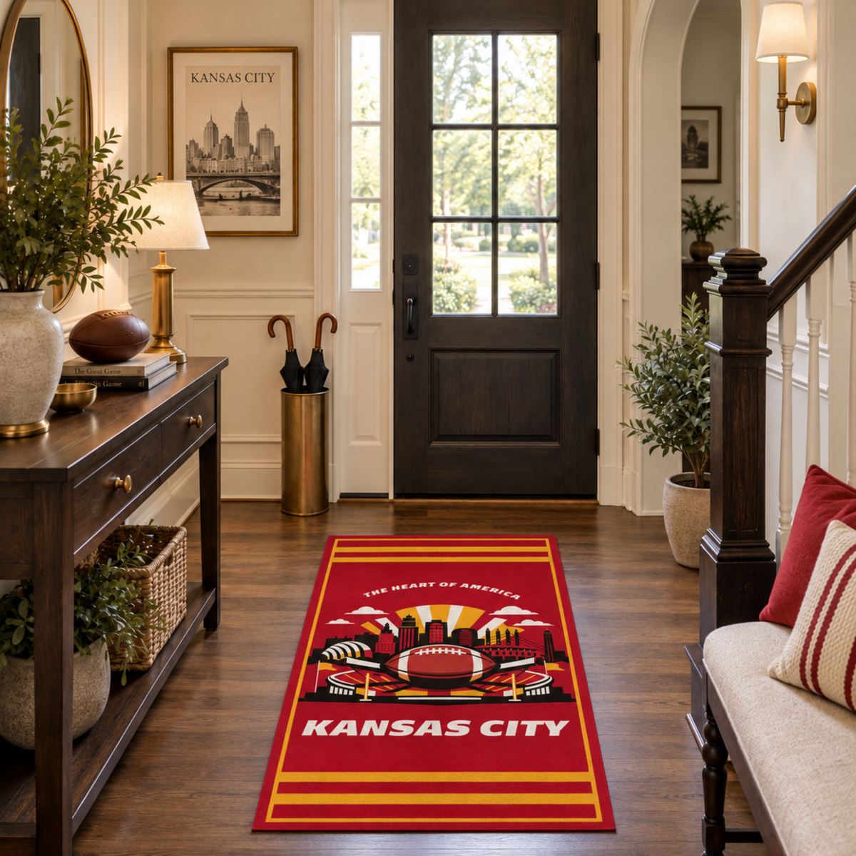My Magic Carpet 2.5 x 7 Kansas City football machine washable runner rug in red, yellow, black and white, NFL fan decor with Kansas City Chiefs-inspired skyline and football design.