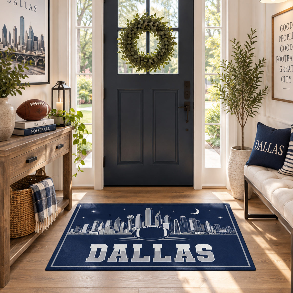 My Magic Carpet 3 x 5 Dallas football machine washable area rug in navy blue, silver, gray and white, NFL fan decor with Dallas Cowboys-inspired skyline and football graphic.