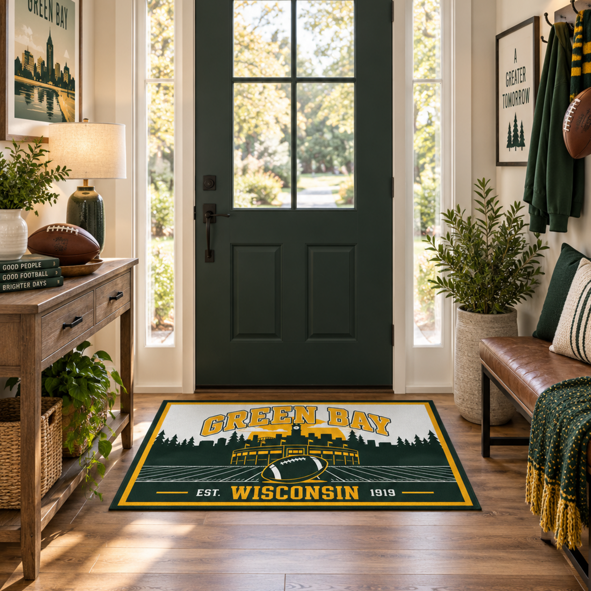 My Magic Carpet 3 x 5 Green Bay football machine washable area rug in dark green, gold, cream and white, NFL fan decor with Green Bay Packers-inspired football, Wisconsin and stadium graphic.