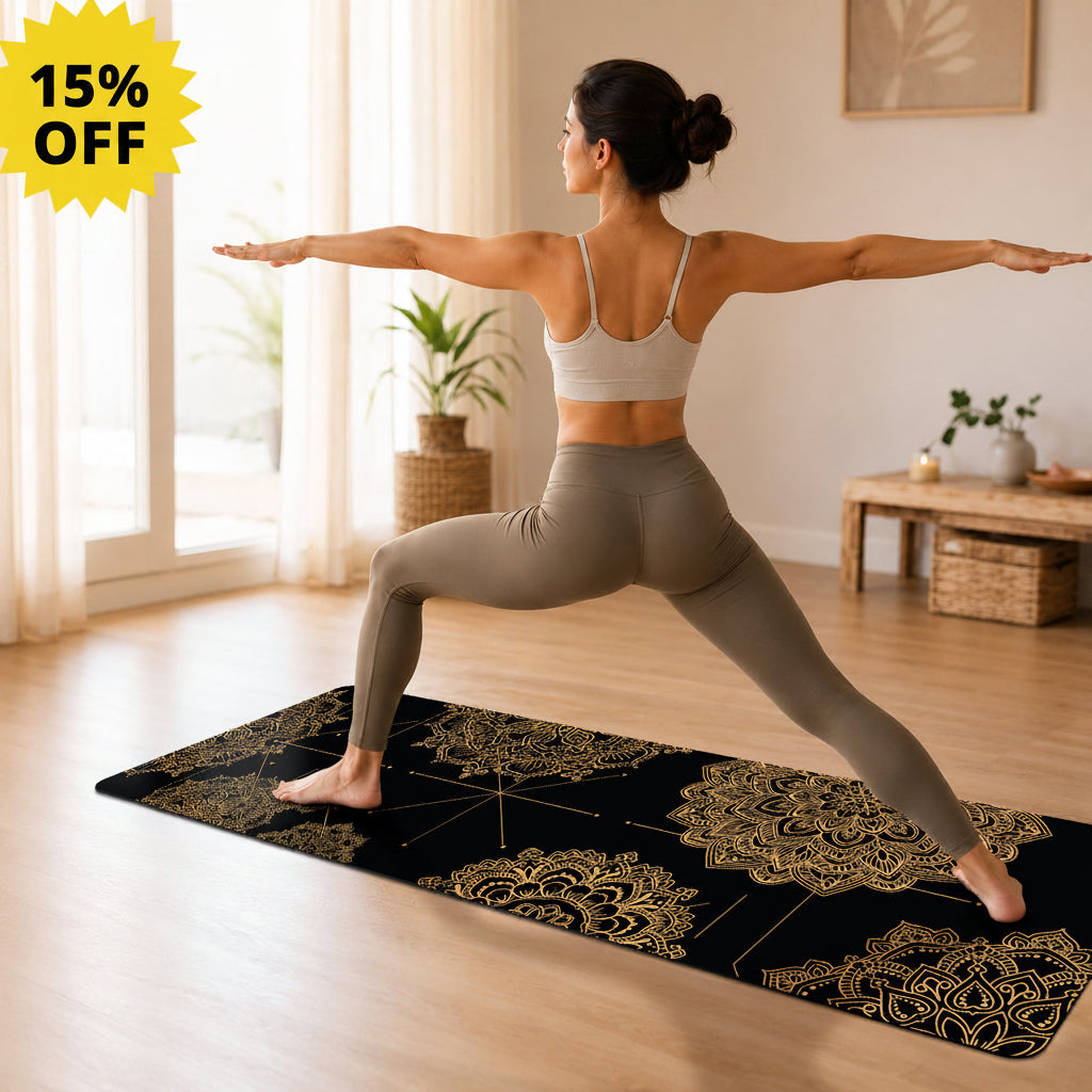 Woman practicing yoga on a decorative mat in a bright room with large windows.