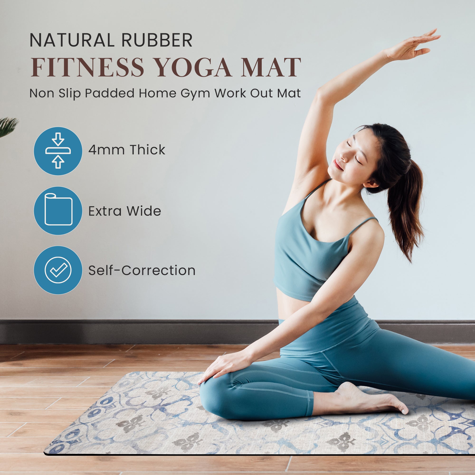 Grey leopard print anti-fatigue yoga mat shown flat and rolled with non-slip backing