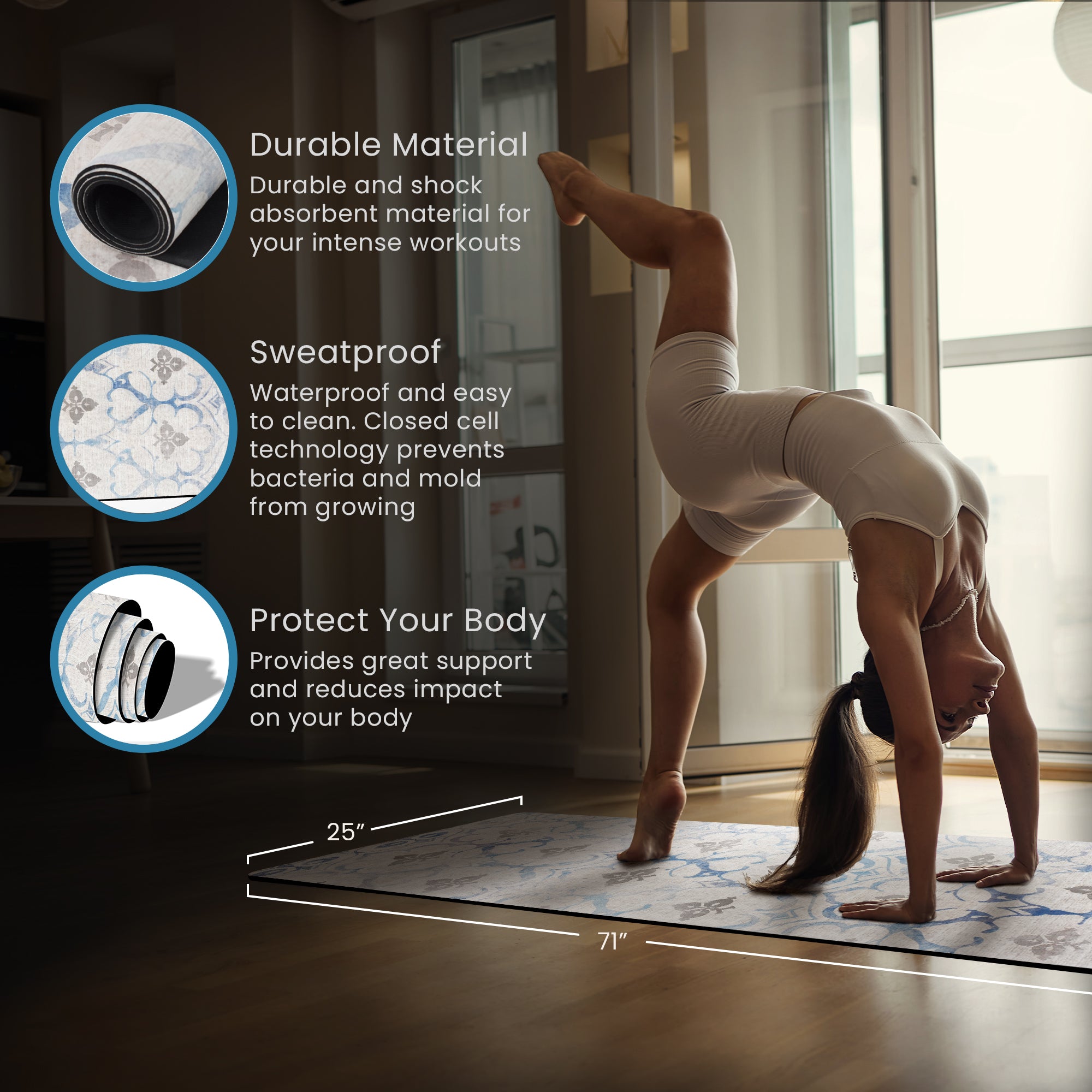 Dark sage green geometric circle anti-fatigue yoga mat shown flat and rolled with non-slip backing