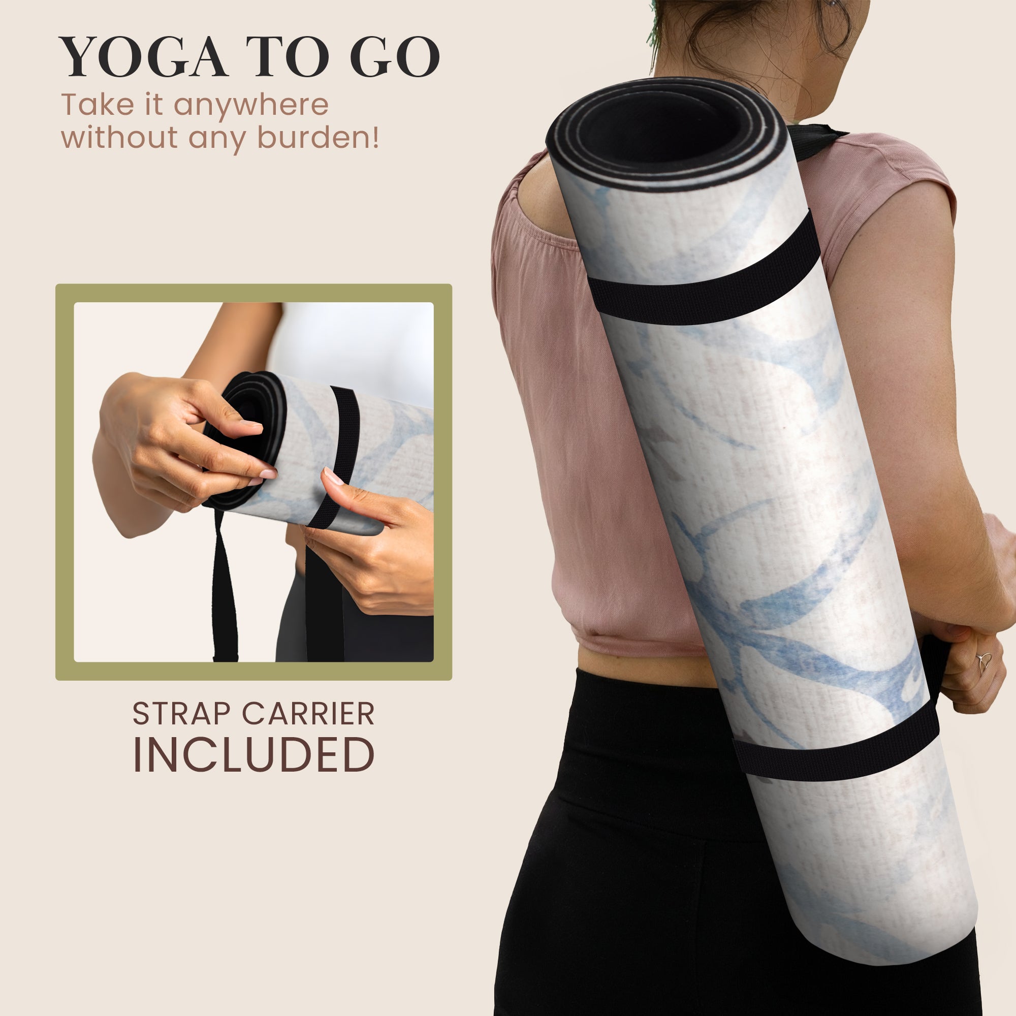 Brown leopard print yoga mat with anti-fatigue cushioning shown rolled and flat