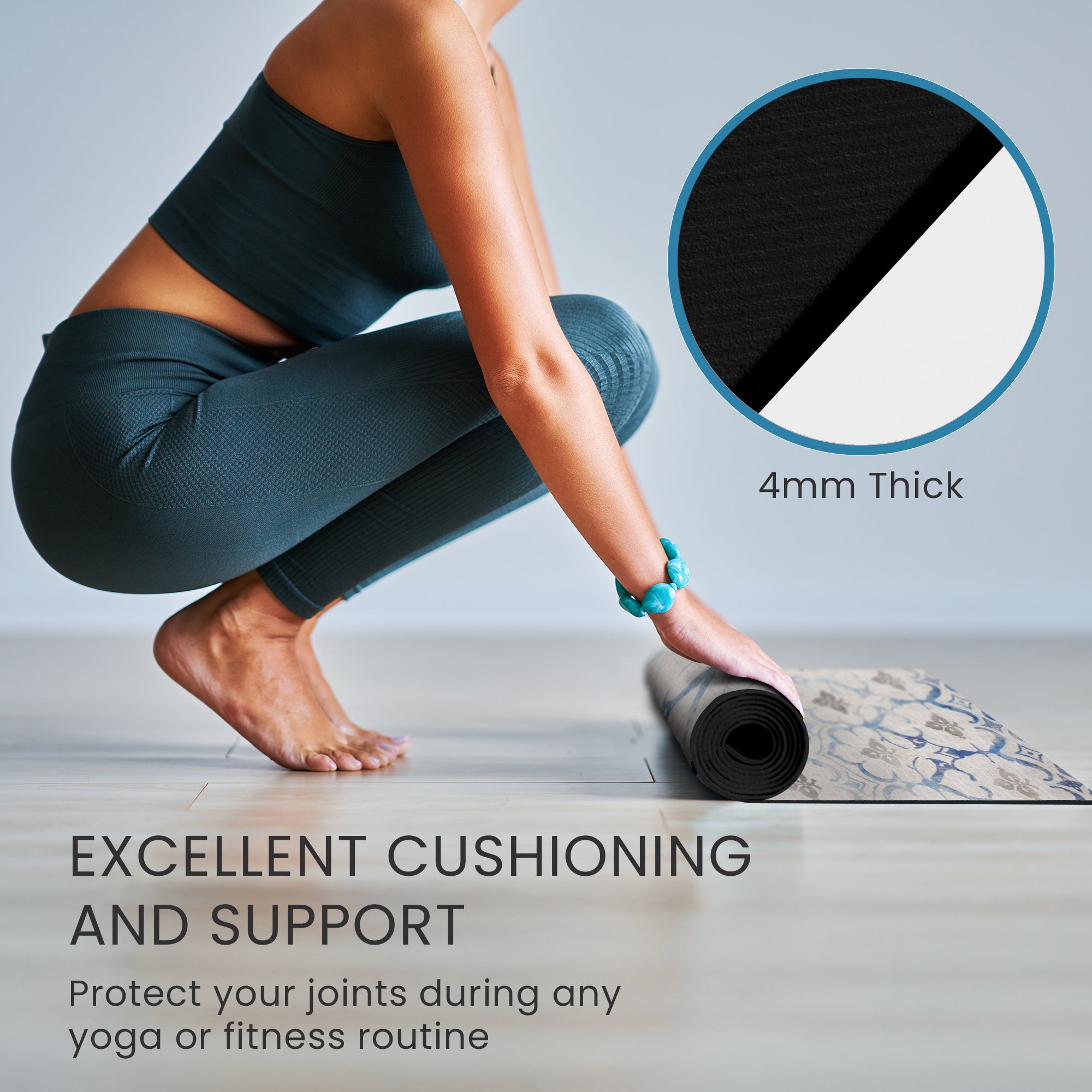 Blue shibori geometric diamond anti-fatigue yoga mat shown flat and rolled with non-slip backing