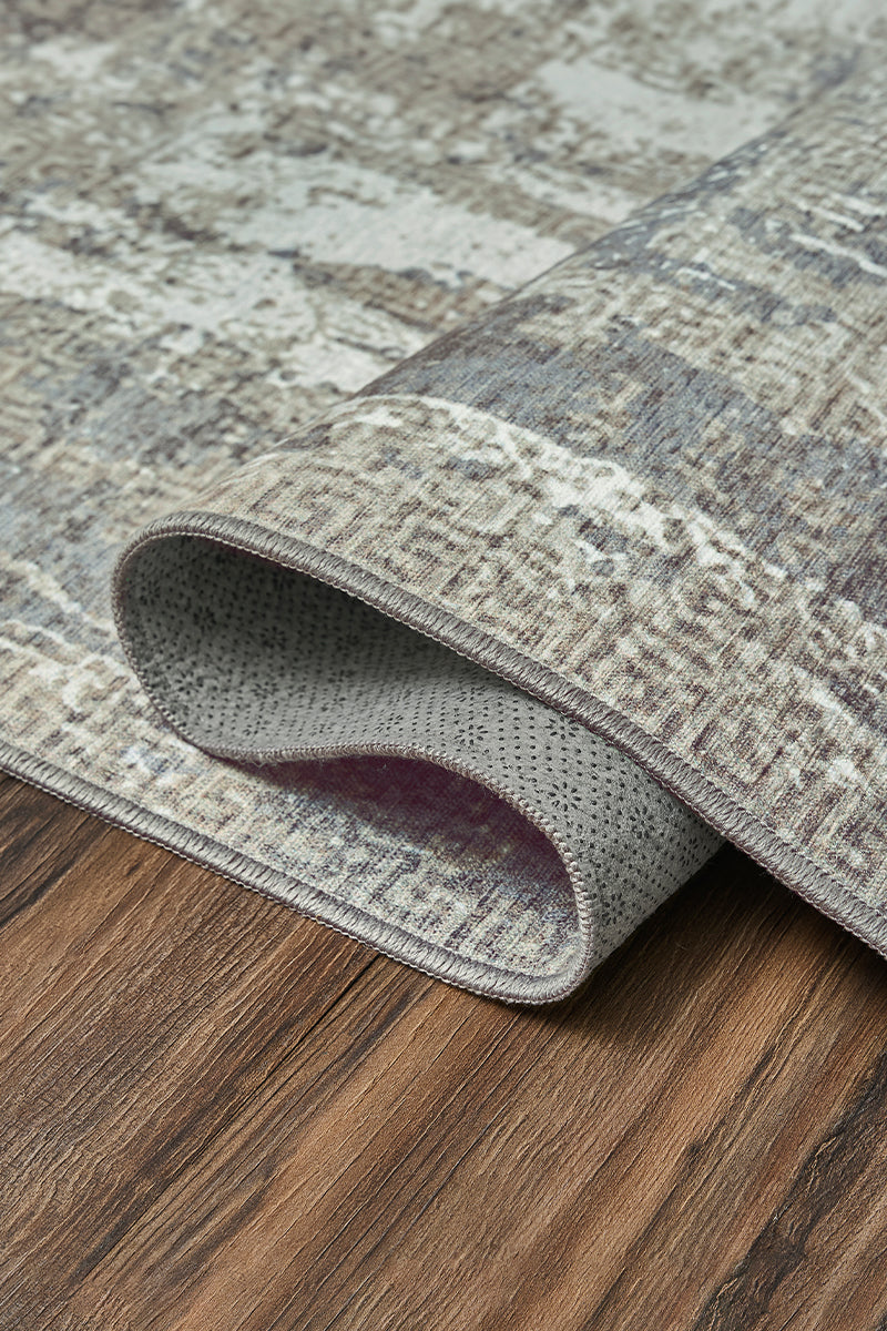 Amaya Bordered Abstract Greige Washable Rug