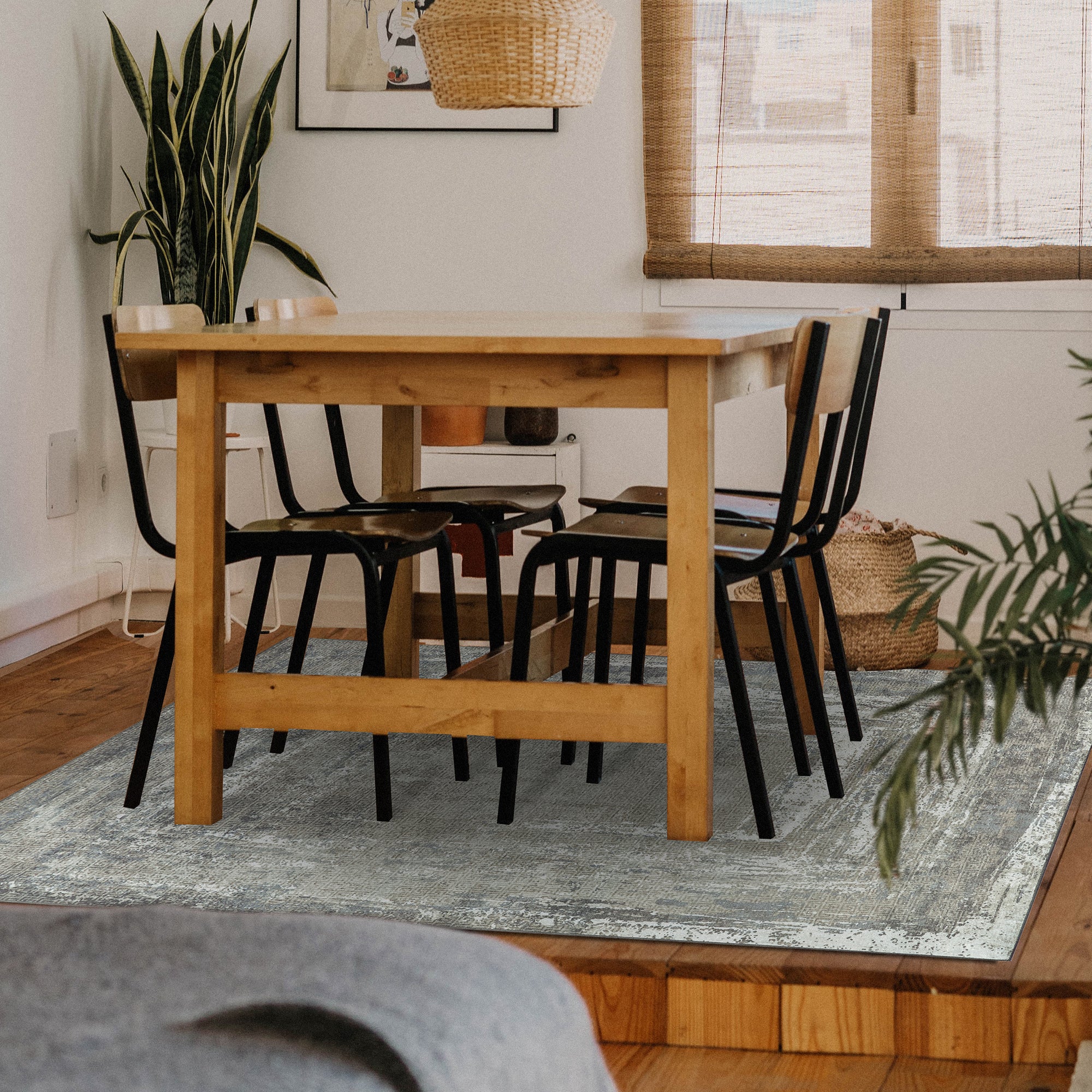 Amaya Bordered Abstract Greige Dining Room Washble Rug