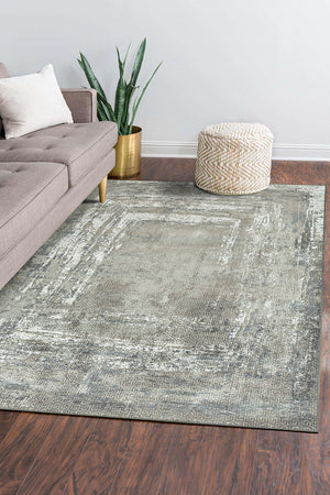 Amaya Bordered Abstract Greige Washable Rug