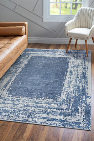 Amaya Bordered Abstract Navy Washable Rug