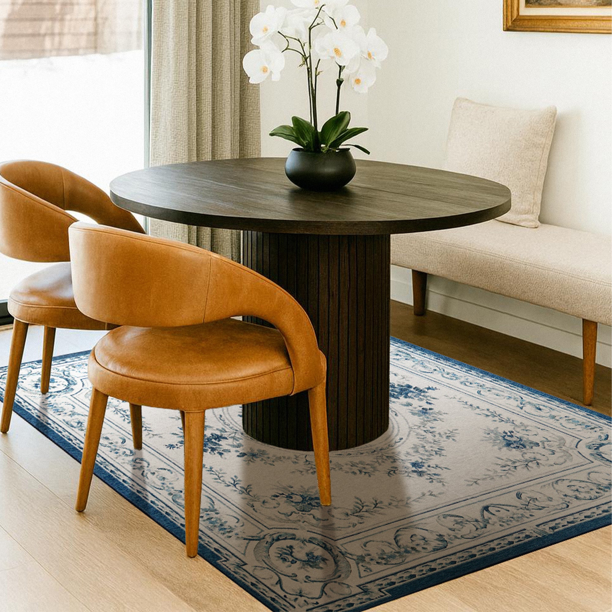 Aubusson Blue Dining Room Washble Rug